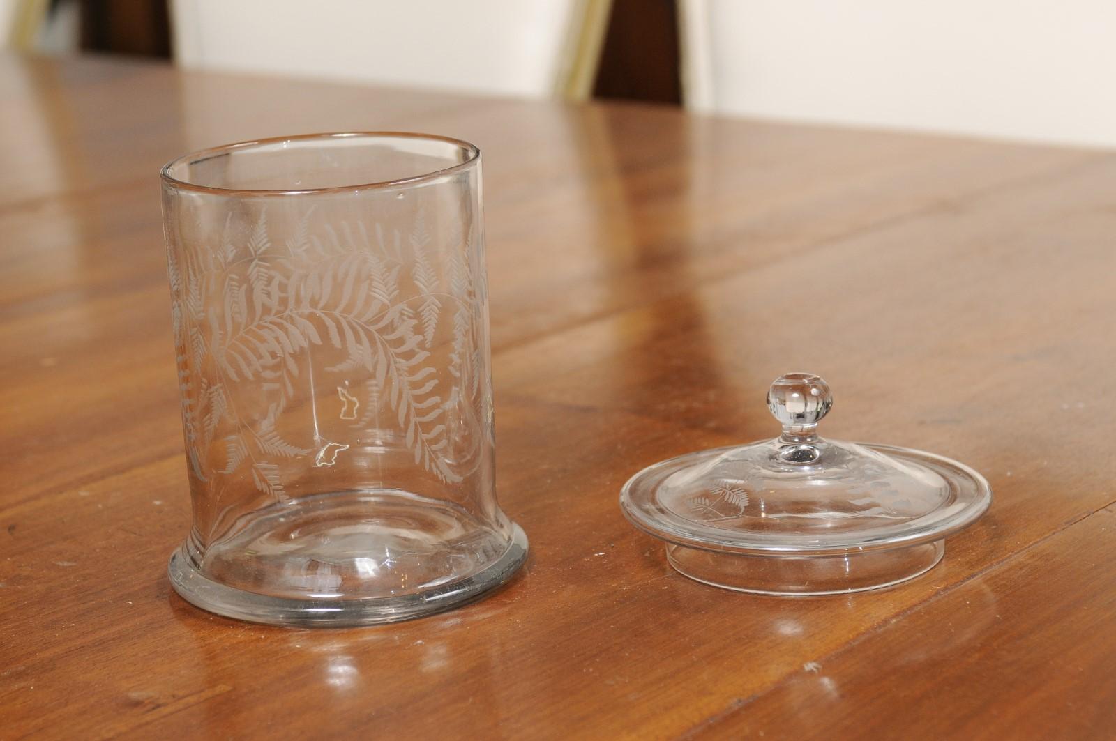 Glass English 20th Century Biscuit Jar with Etched Foliage Motifs and Domed Lid
