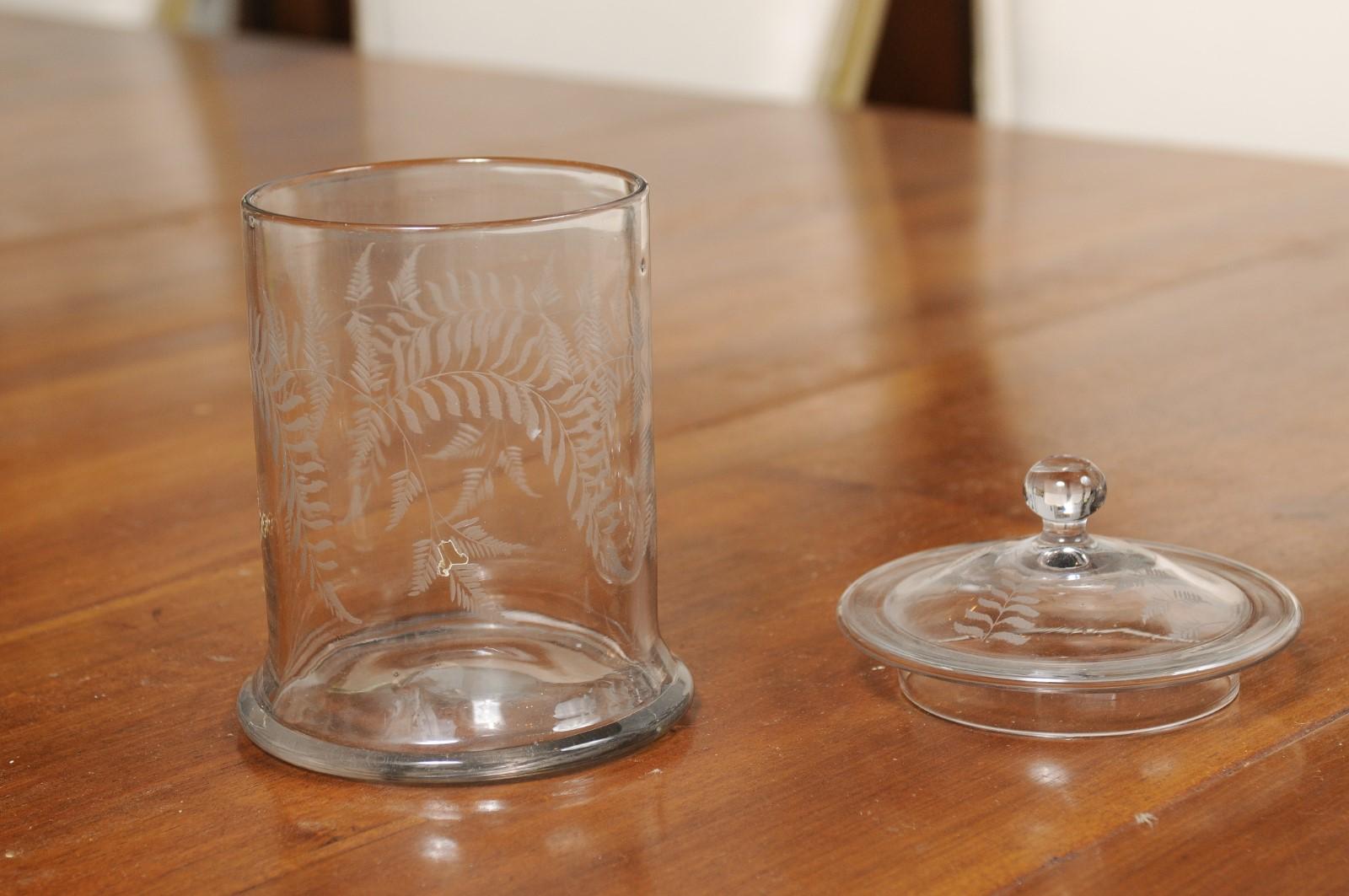 English 20th Century Biscuit Jar with Etched Foliage Motifs and Domed Lid 1