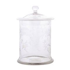 Vintage English 20th Century Biscuit Jar with Etched Foliage Motifs and Domed Lid