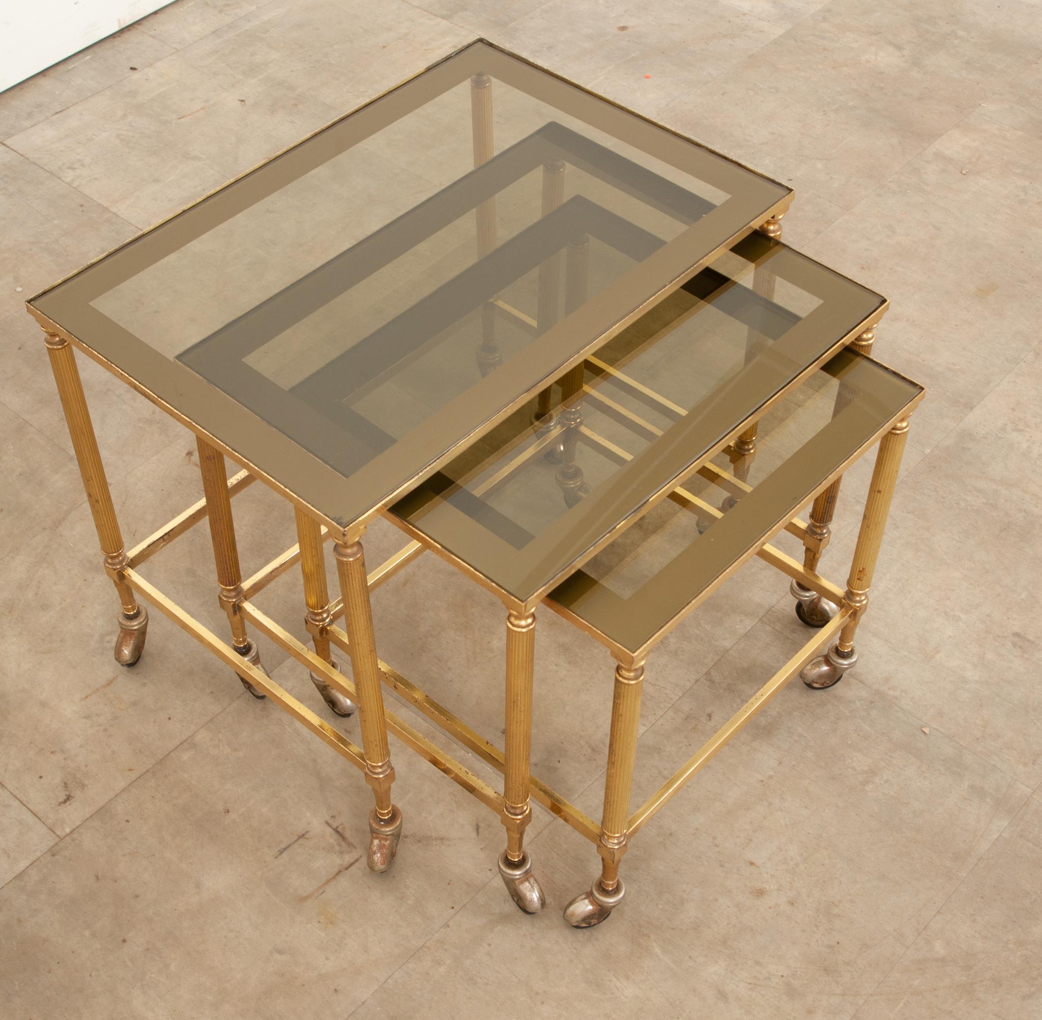English 20th Century Brass & Glass Nesting Tables For Sale 5