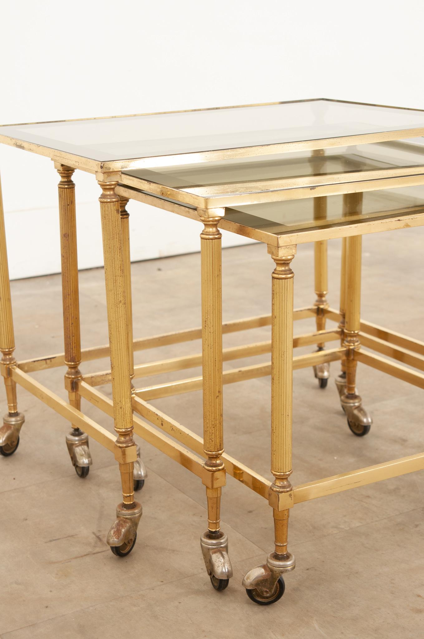 English 20th Century Brass & Glass Nesting Tables For Sale 6