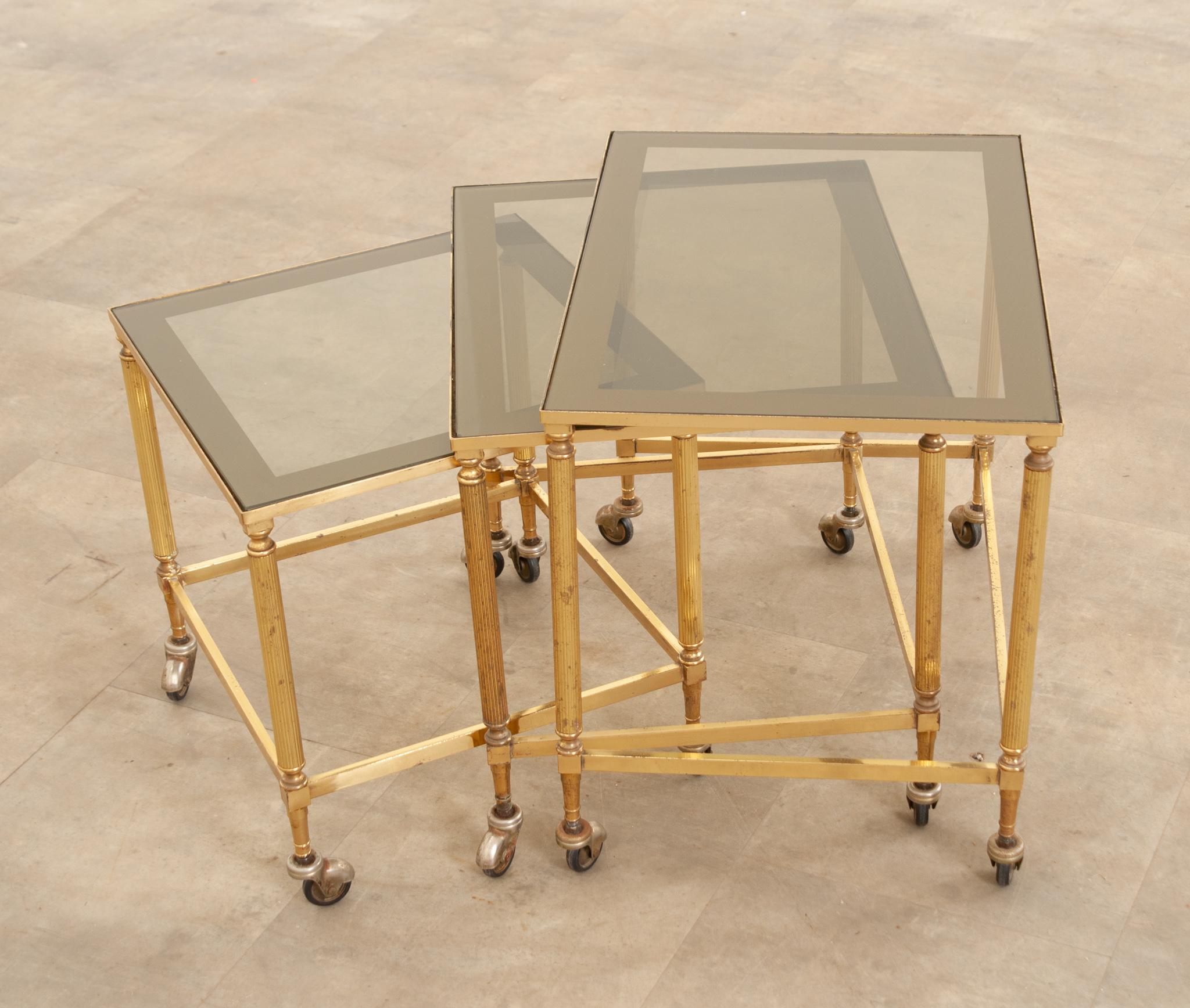 English 20th Century Brass & Glass Nesting Tables For Sale 9