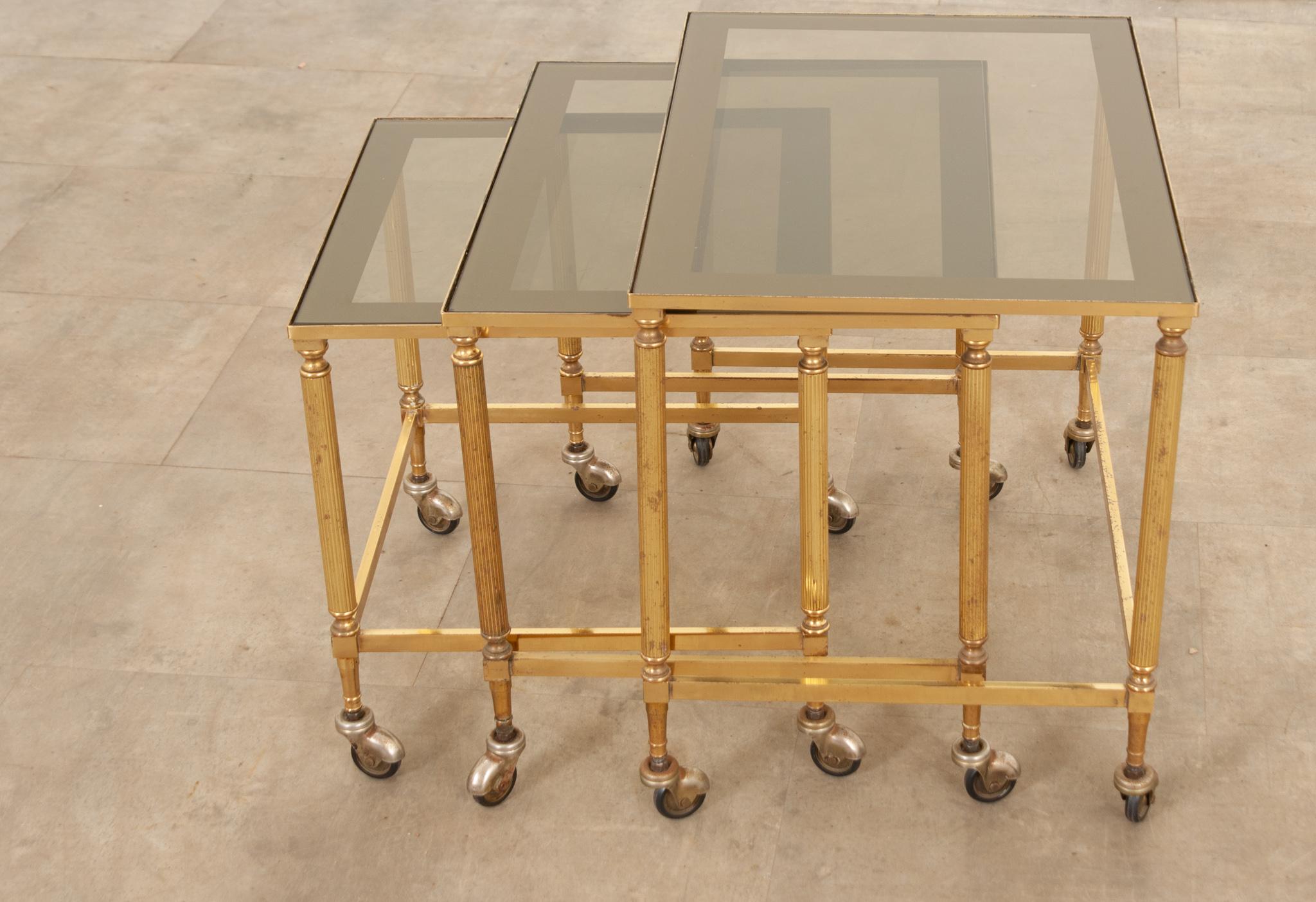 English 20th Century Brass & Glass Nesting Tables For Sale 2