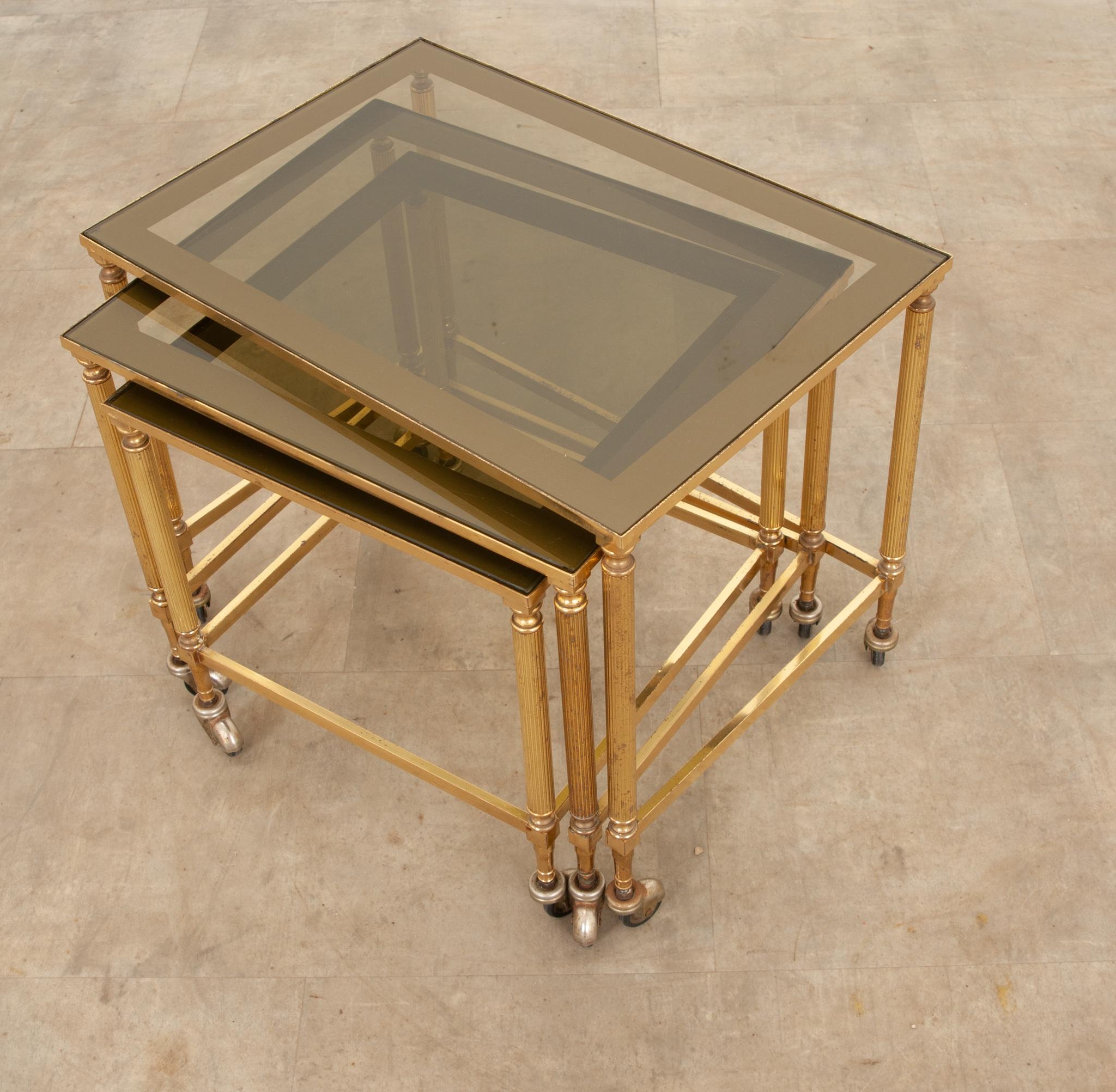 English 20th Century Brass & Glass Nesting Tables For Sale 3