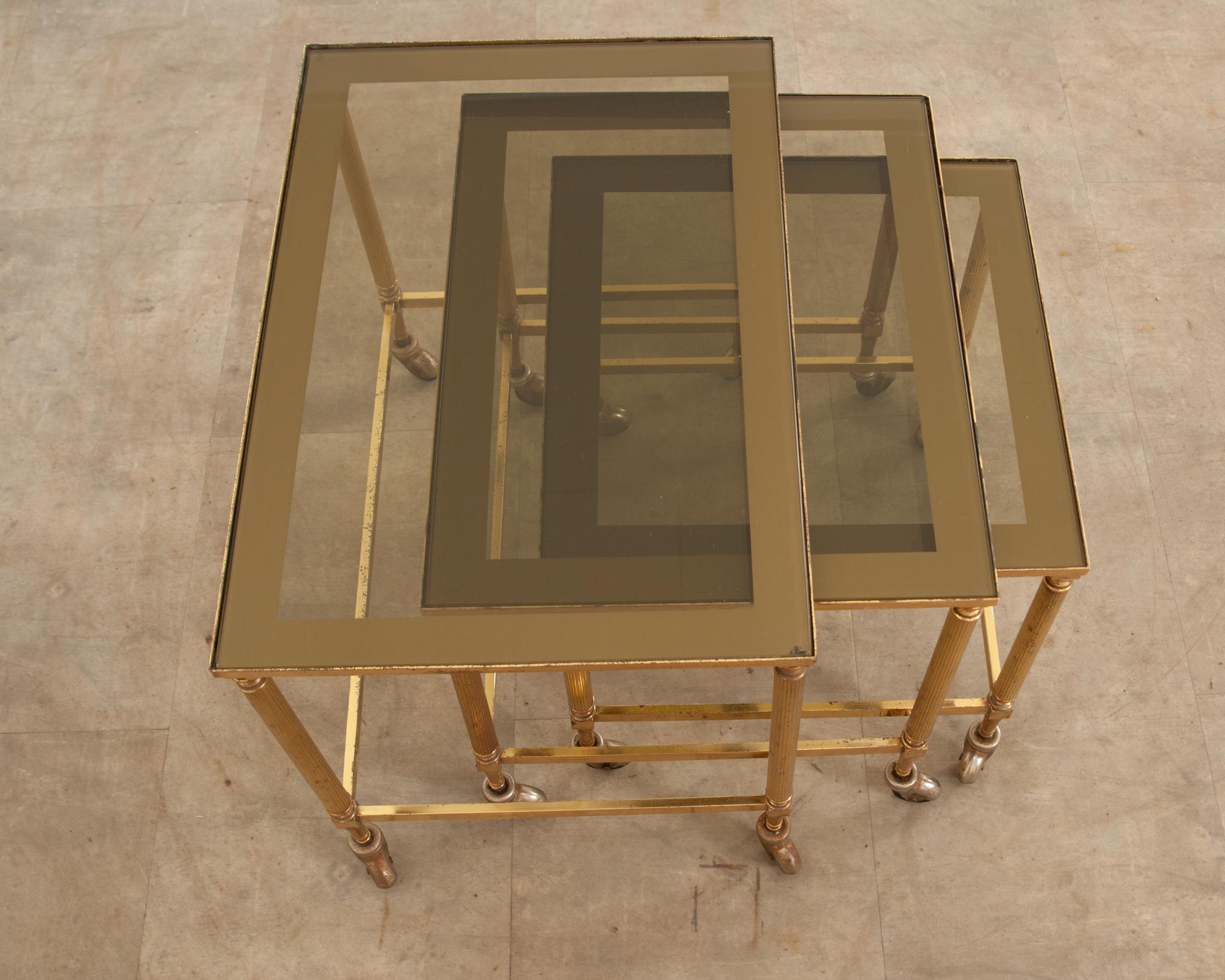 English 20th Century Brass & Glass Nesting Tables For Sale 4
