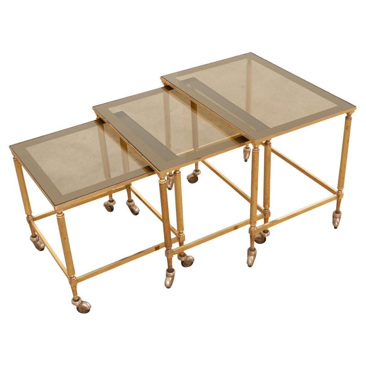 English 20th Century Brass & Glass Nesting Tables For Sale