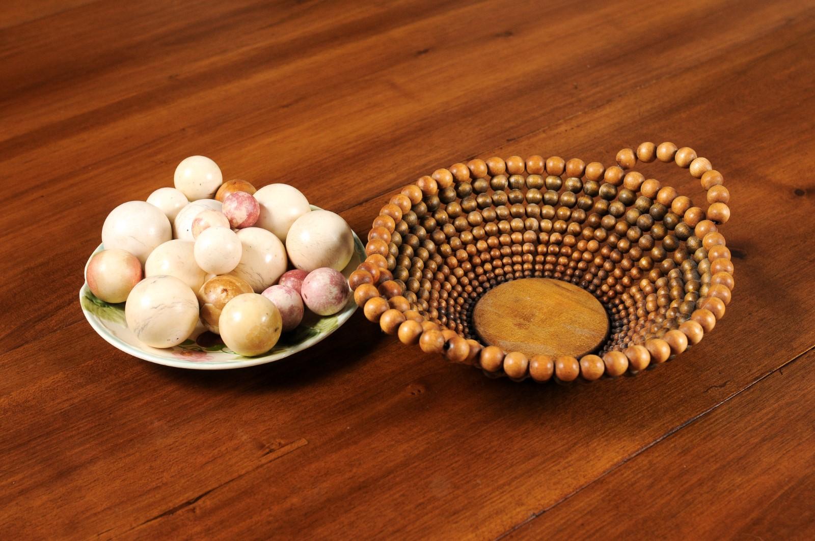 English 20th Century Decorative Wooden Bead Basket with Assortment of Balls For Sale 7