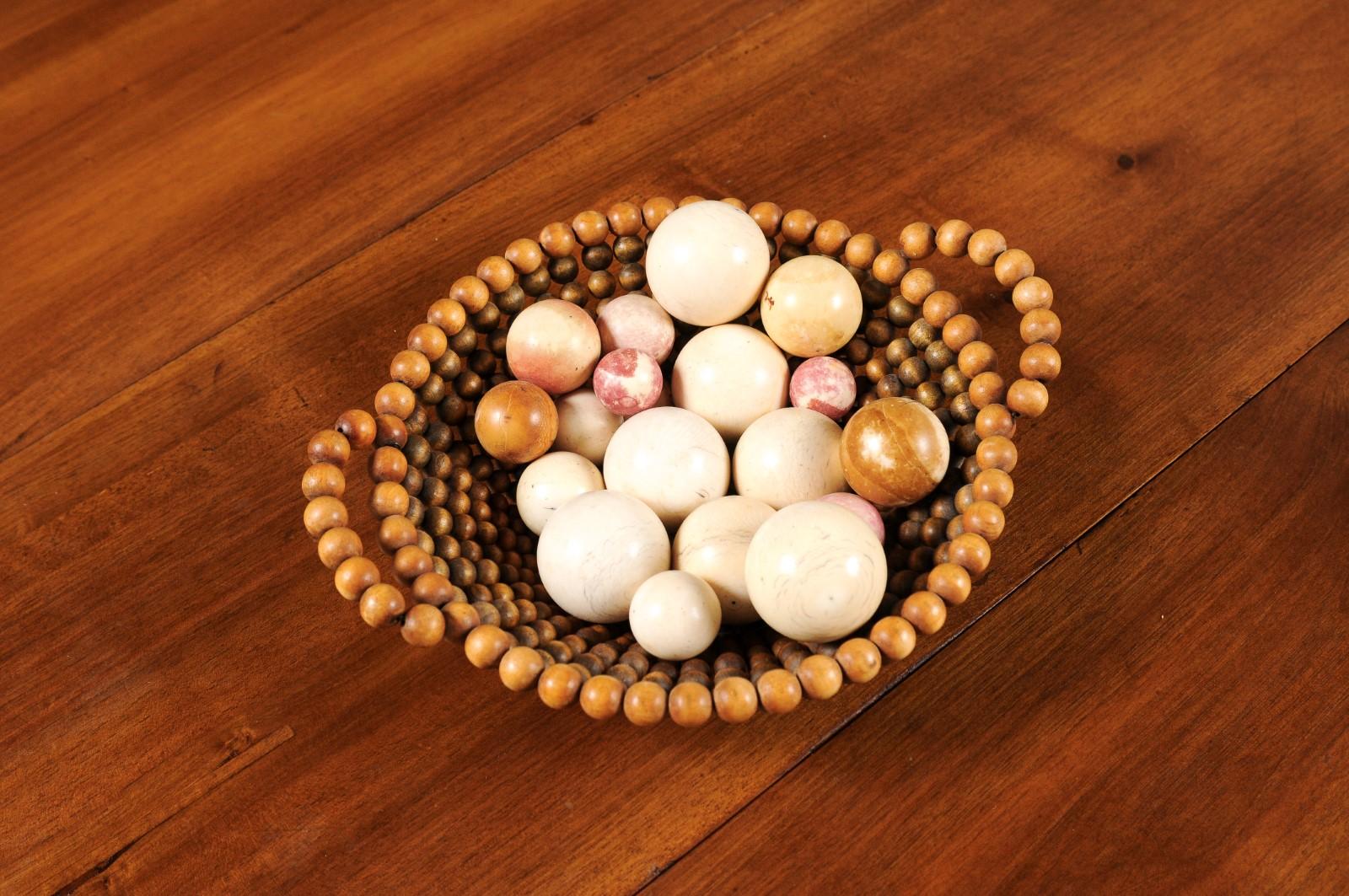English 20th Century Decorative Wooden Bead Basket with Assortment of Balls For Sale 1