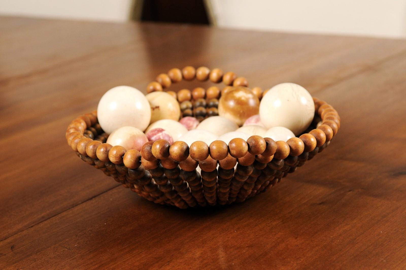 English 20th Century Decorative Wooden Bead Basket with Assortment of Balls For Sale 2