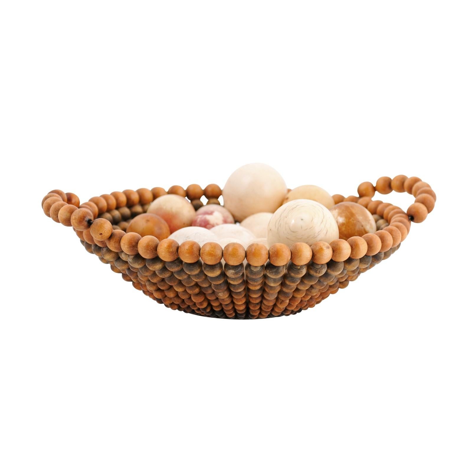 English 20th Century Decorative Wooden Bead Basket with Assortment of Balls For Sale