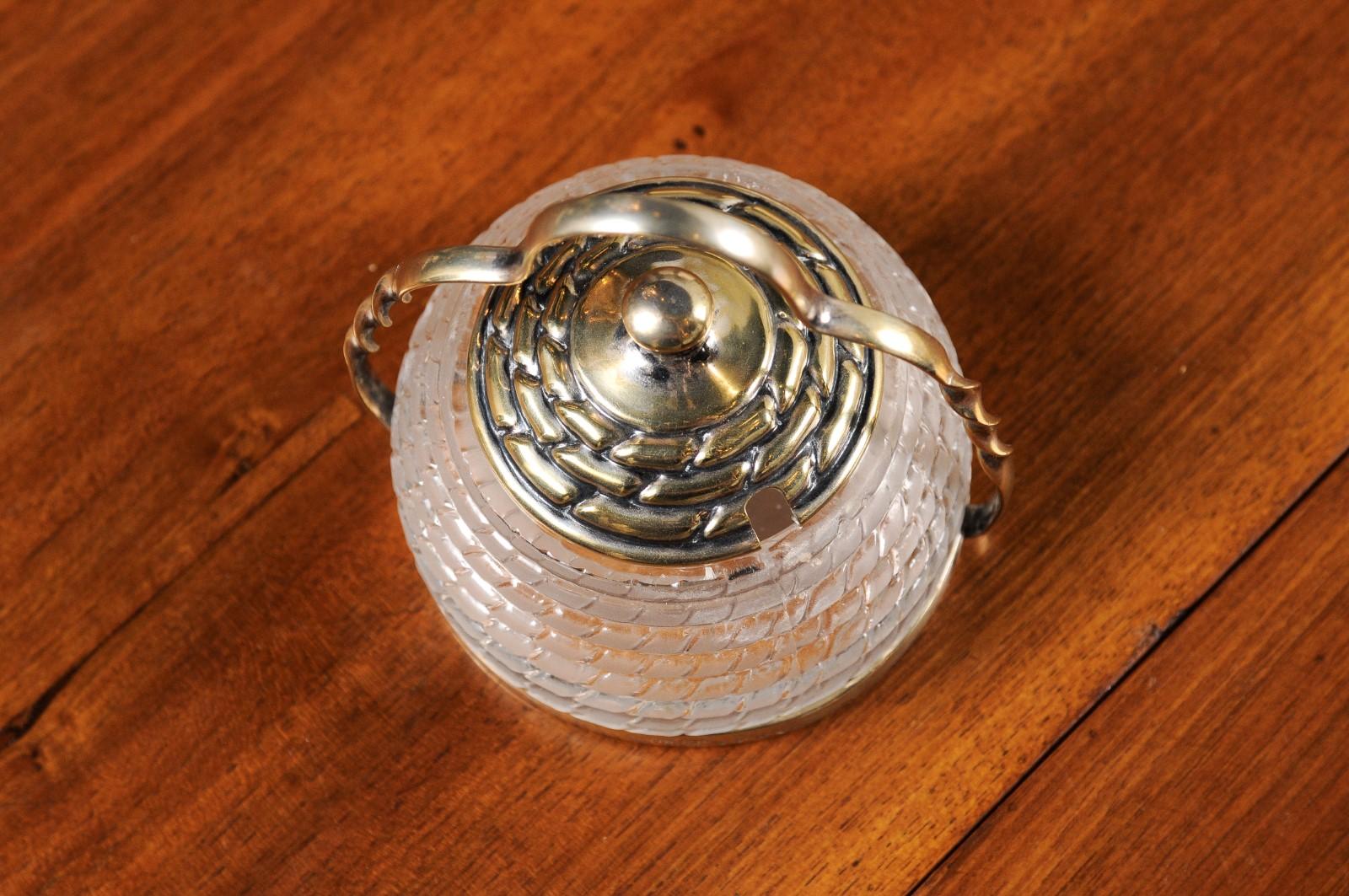 English 20th Century Frosted Glass and Silver Lidded Container with Large Handle For Sale 8