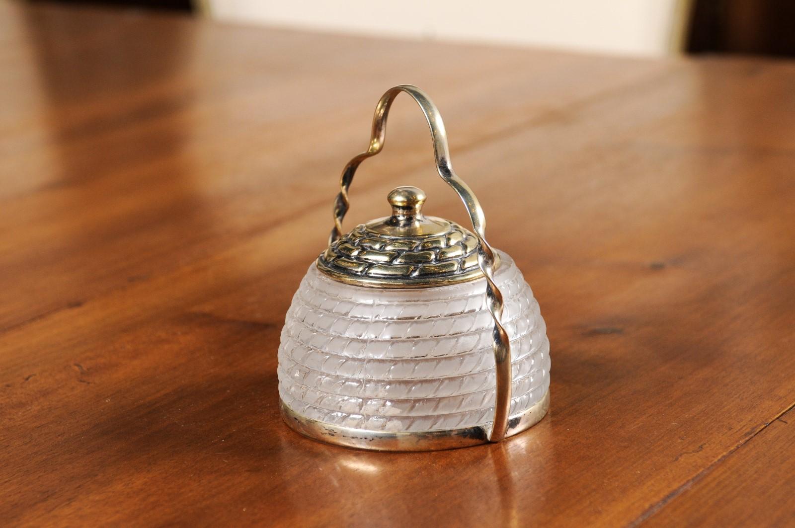 English 20th Century Frosted Glass and Silver Lidded Container with Large Handle For Sale 2