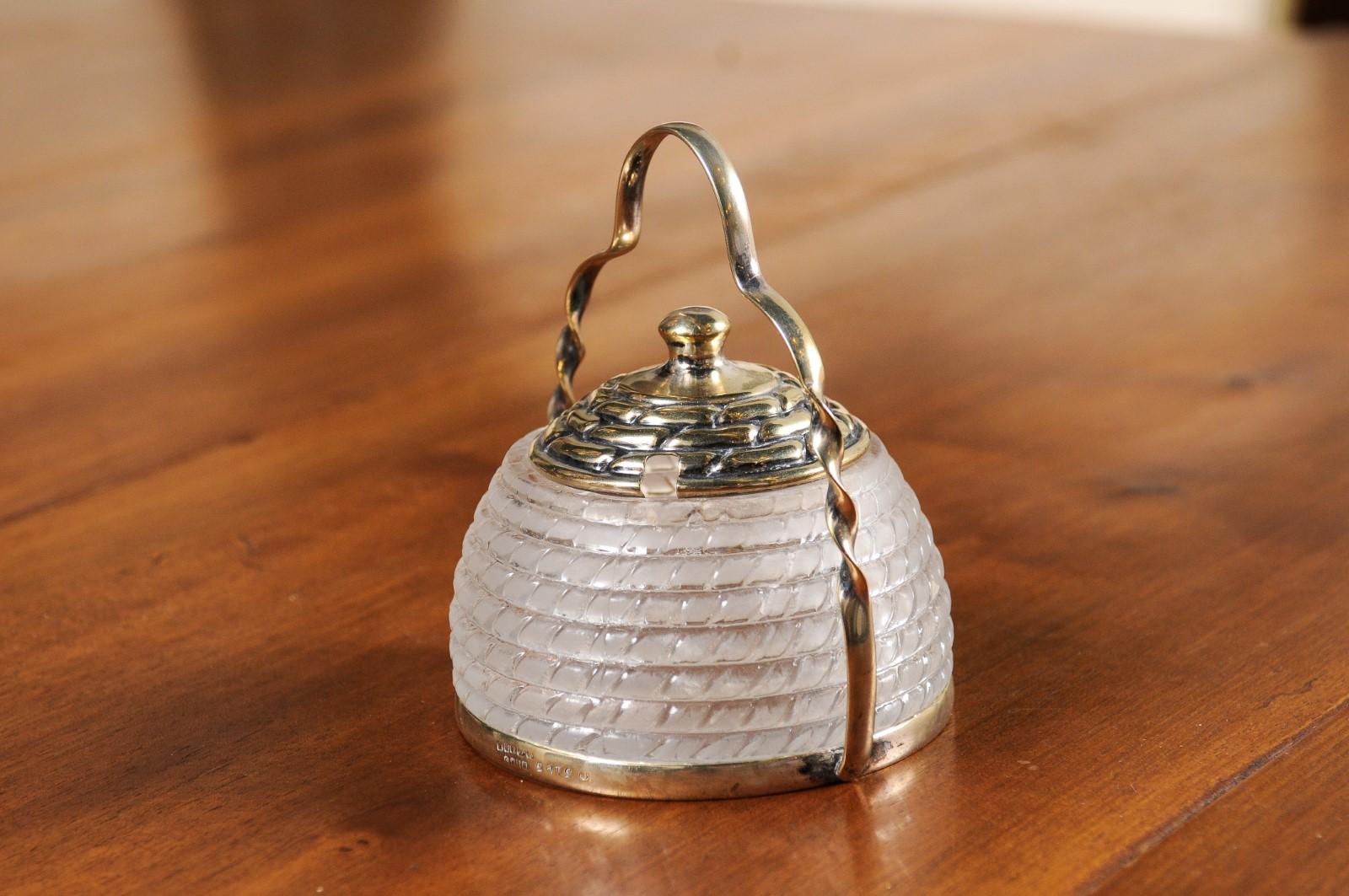 English 20th Century Frosted Glass and Silver Lidded Container with Large Handle For Sale 5