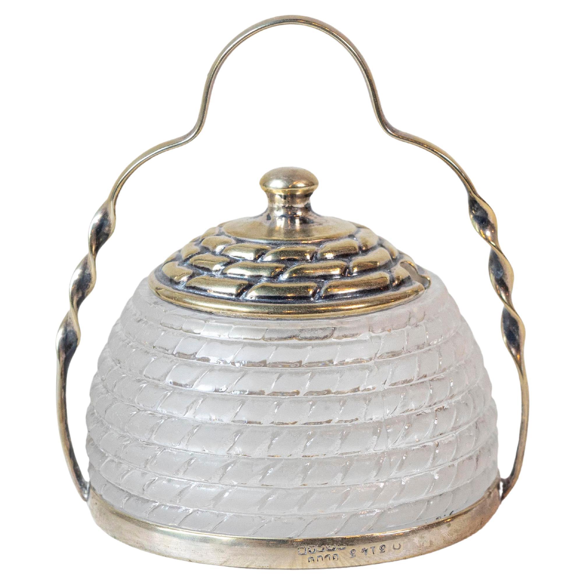 English 20th Century Frosted Glass and Silver Lidded Container with Large Handle