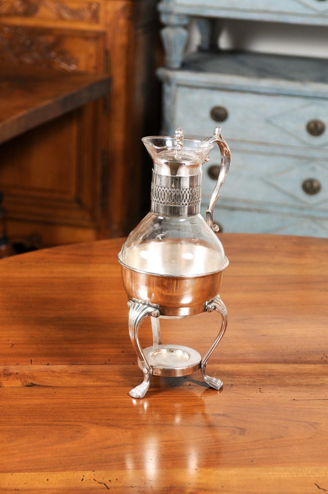English 20th Century Glass and Silver Coffee Pitcher with Cabriole Legs In Good Condition For Sale In Atlanta, GA