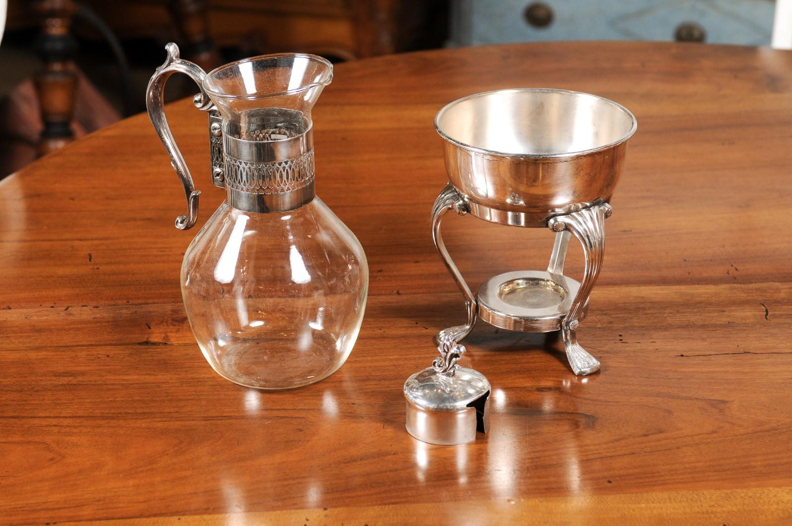 English 20th Century Glass and Silver Coffee Pitcher with Cabriole Legs For Sale 1
