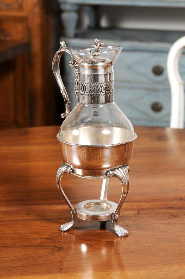 English 20th Century Glass and Silver Coffee Pitcher with Cabriole