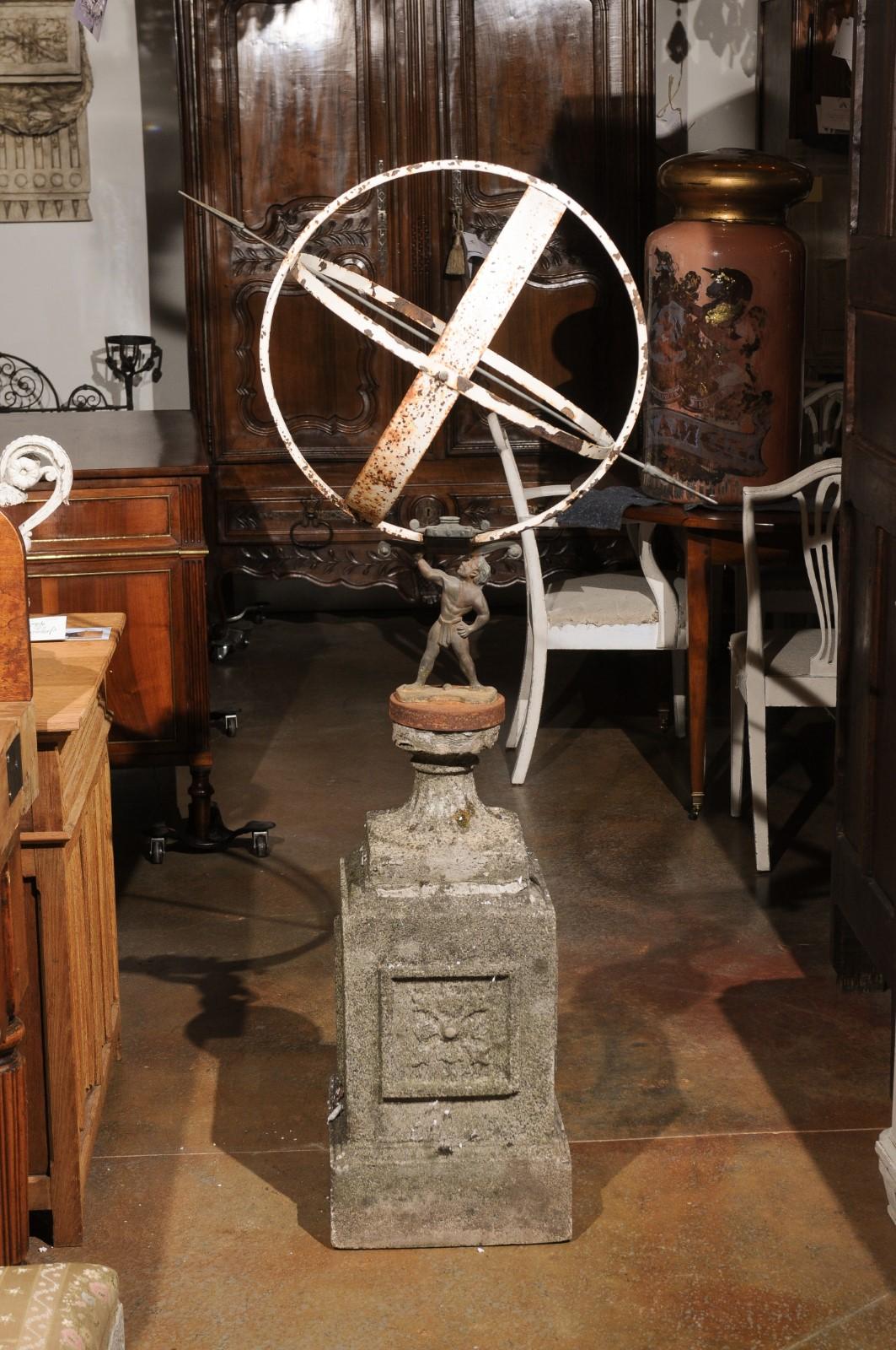 English 20th Century Iron Armillary Held by the Titan Atlas on Stone Pedestal For Sale 6