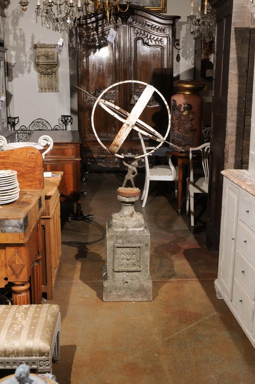 English 20th Century Iron Armillary Held by the Titan Atlas on Stone Pedestal For Sale 7