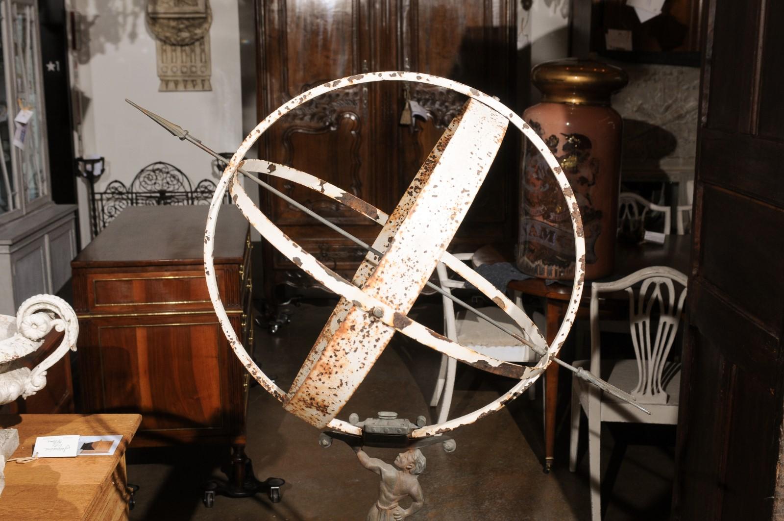 English 20th Century Iron Armillary Held by the Titan Atlas on Stone Pedestal For Sale 8