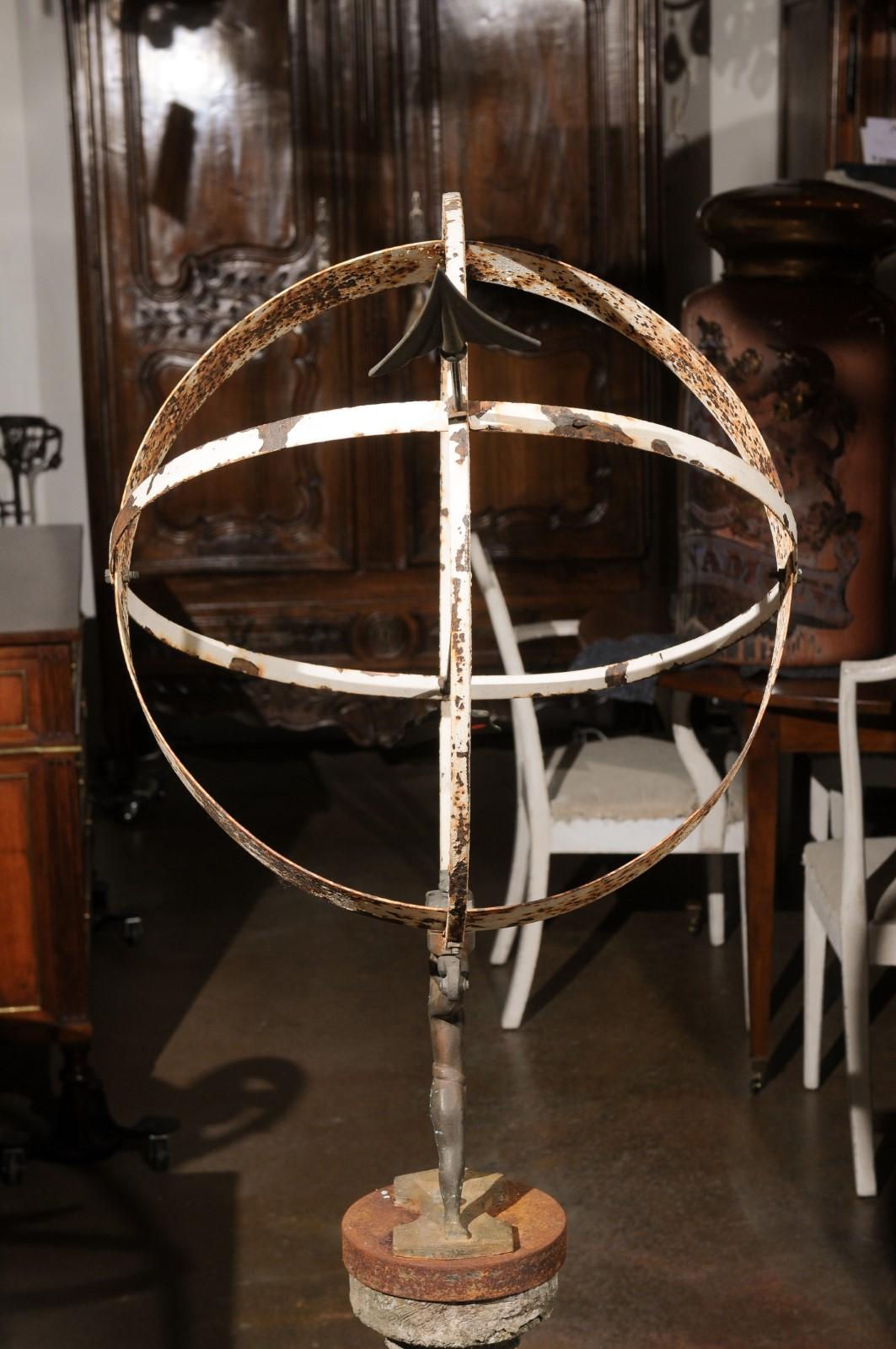 English 20th Century Iron Armillary Held by the Titan Atlas on Stone Pedestal For Sale 4