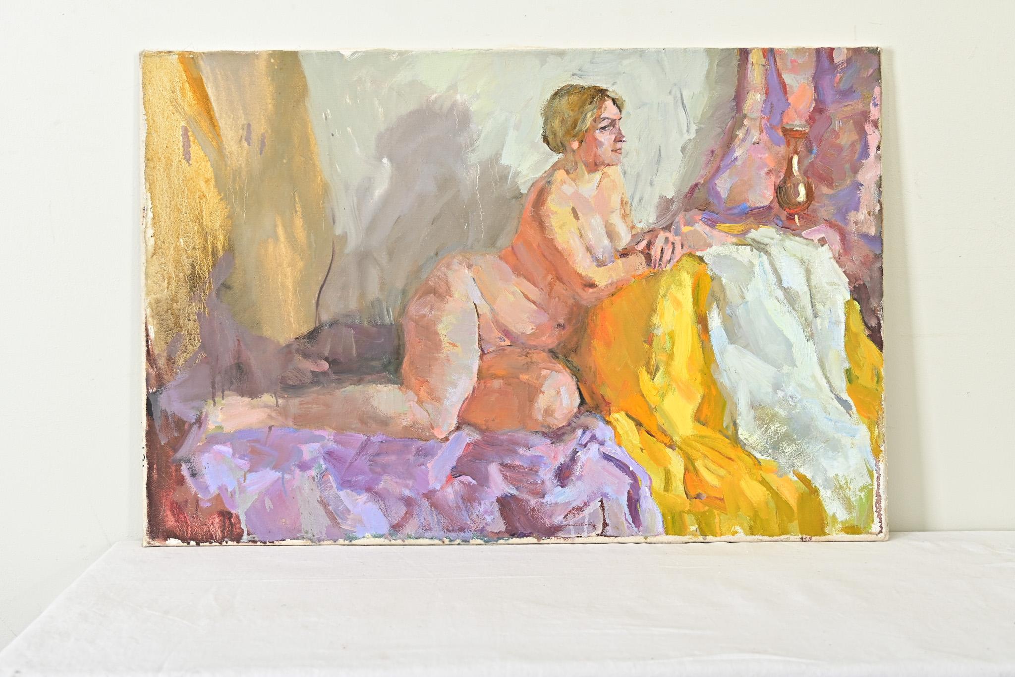 An empowering early to mid-20th century painting of a nude lady in repose, her Rubenesque body arranged tastefully in piles of draped fabric to accentuate each curve without being too salacious. The bright and cheerful color palette in yellow,