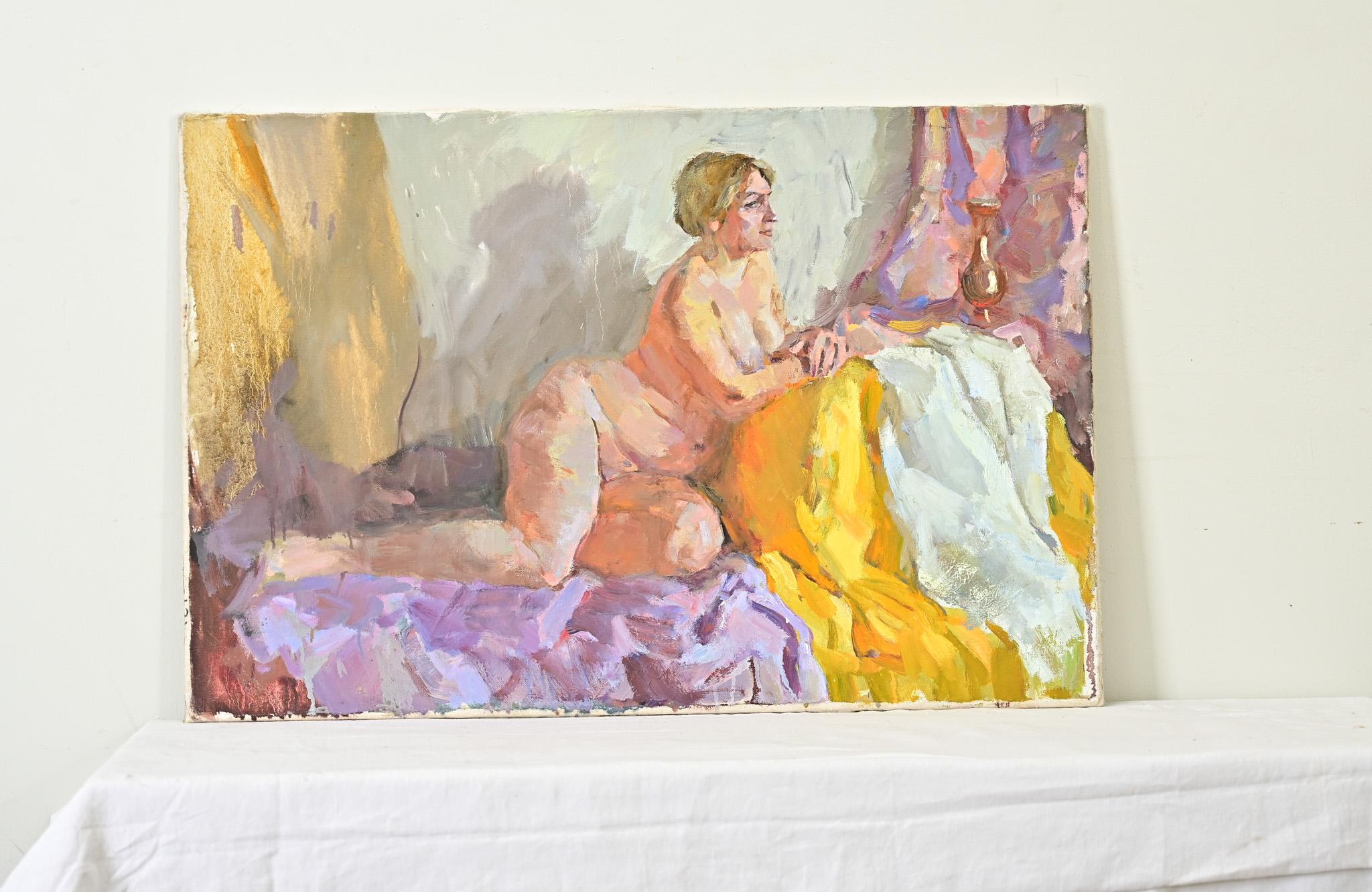 Oiled English 20th Century Lounging Lady Painting For Sale