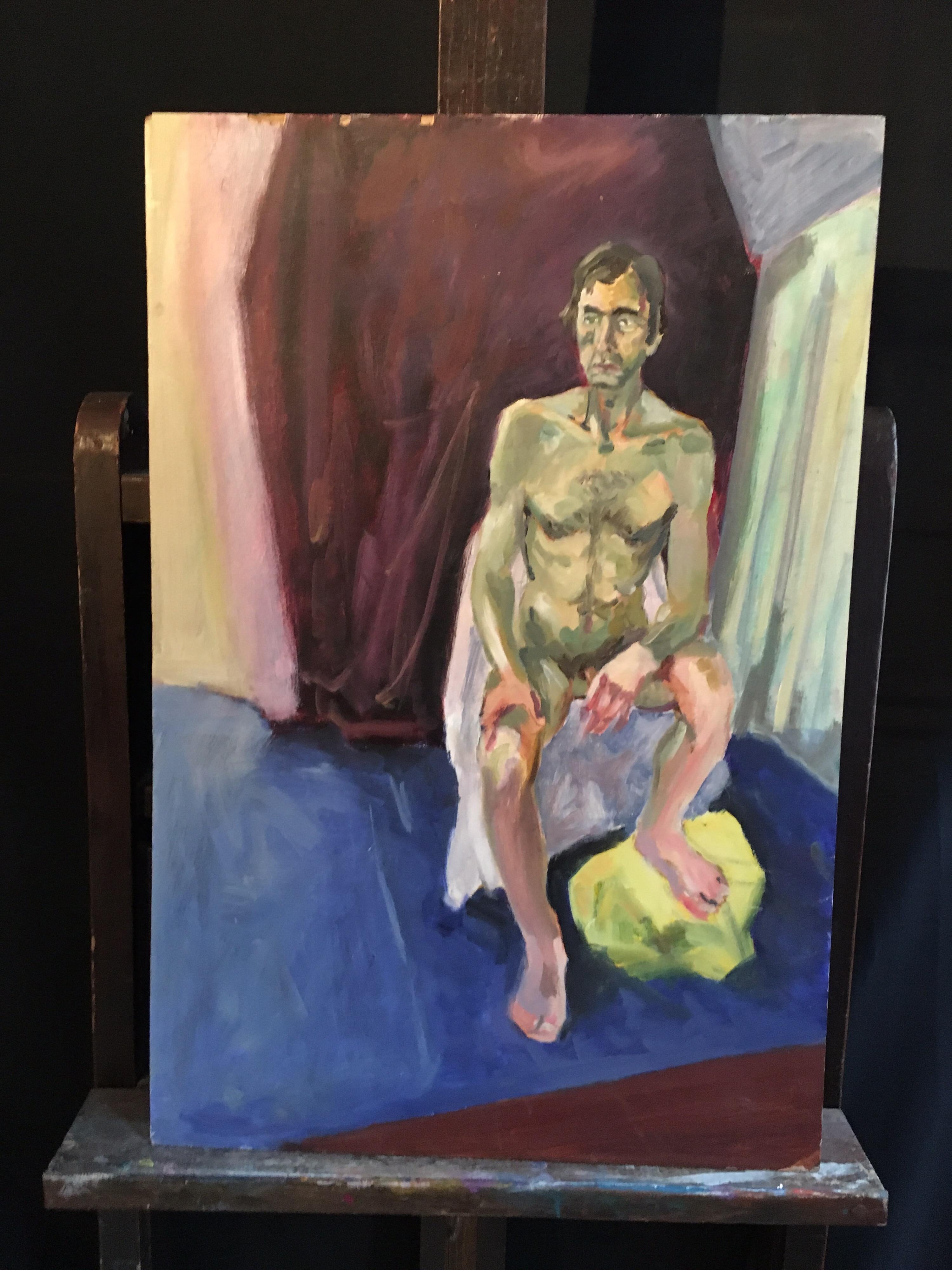 Nude Male Portrait, Burgundy Colour, Original Oil Painting - Gray Portrait Painting by English 20th century
