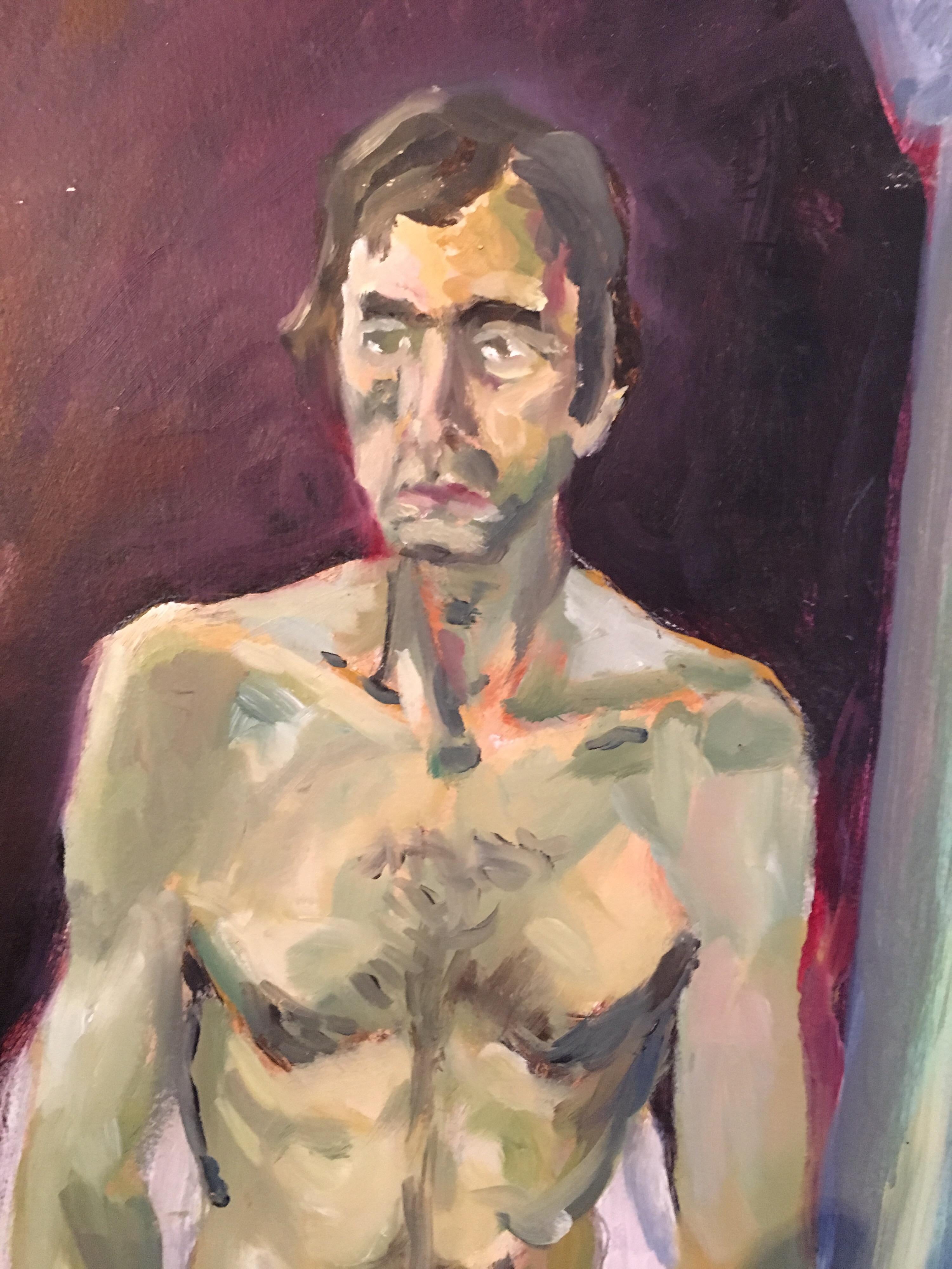 Nude Male Portrait, Burgundy Colour, Original Oil Painting
English School, Mid 20th Century
Oil painting on board, unframed
Board size: 30 x 20 inches

Incredible nude portrait of a male model, sat facing the artist. The model has a highly athletic