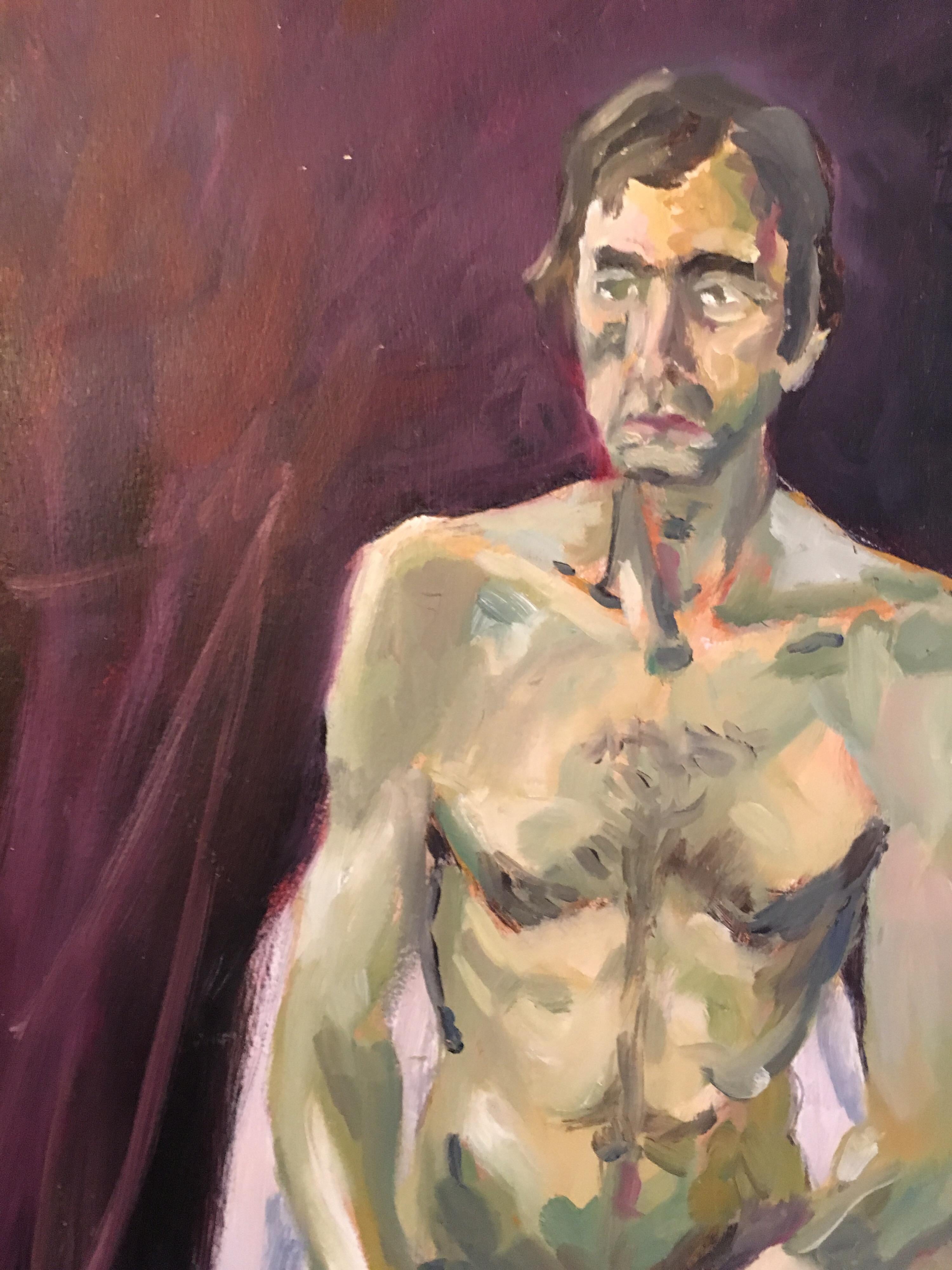 Nude Male Portrait, Burgundy Colour, Original Oil Painting For Sale 1