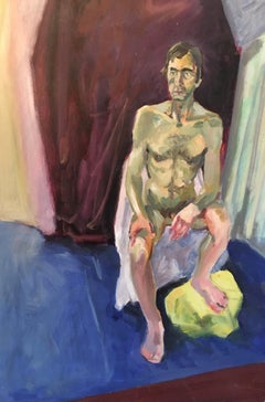 Nude Male Portrait, Burgundy Colour, Original Oil Painting