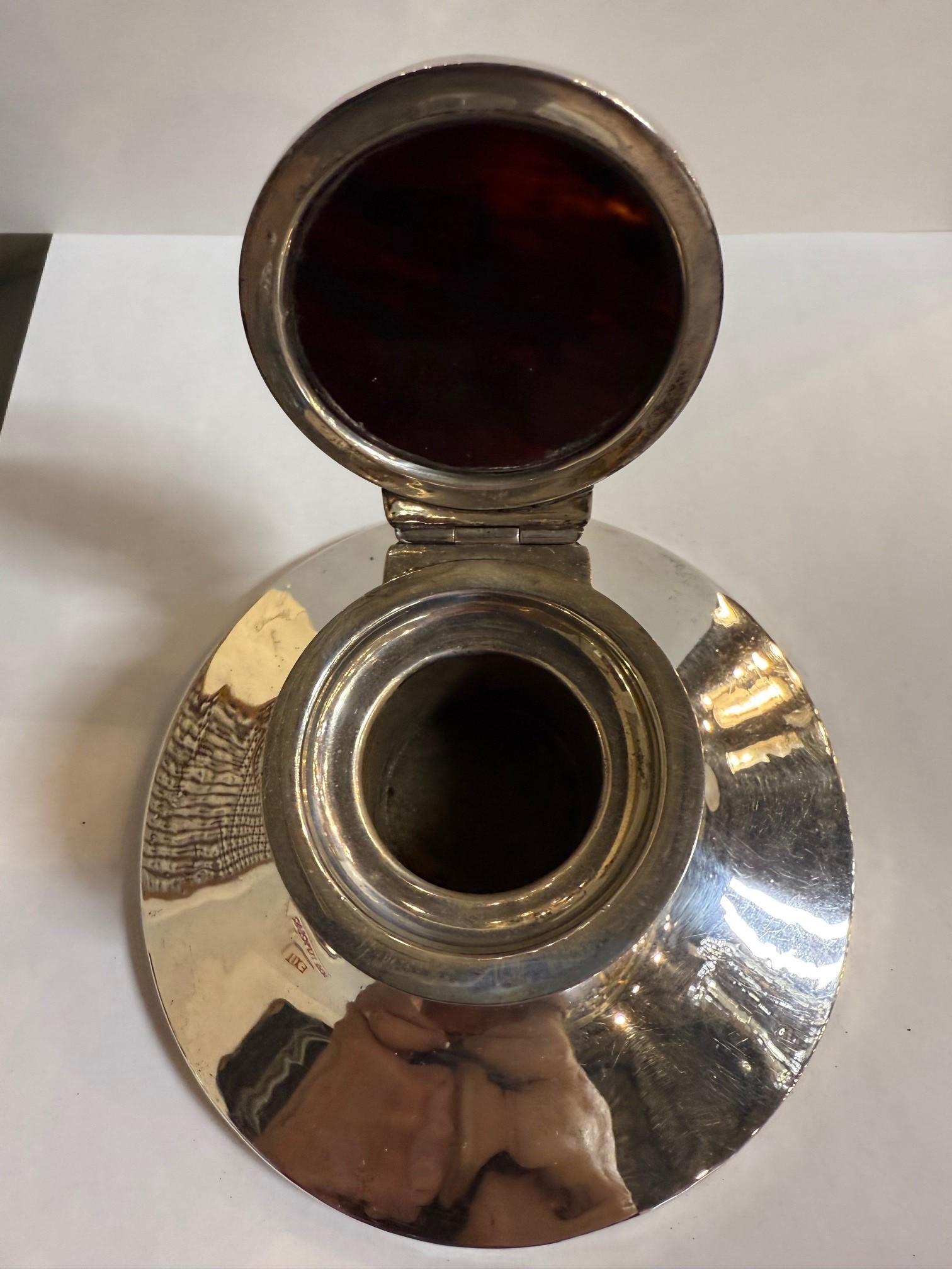 English 20th Century Sterling Silver and Tortoise Shell Inkwell For Sale 8