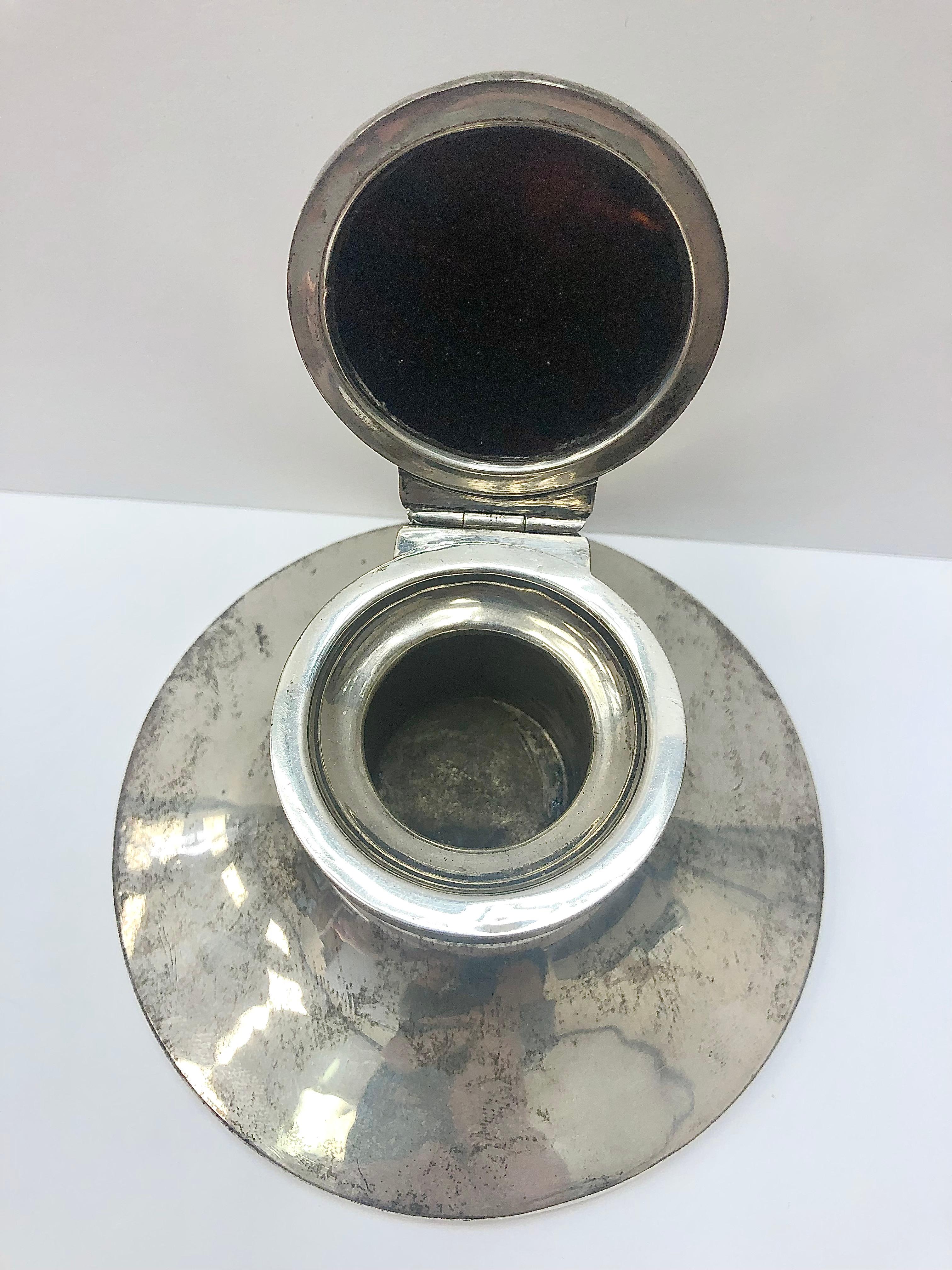 English 20th Century Sterling Silver and Tortoise Shell Inkwell For Sale 3