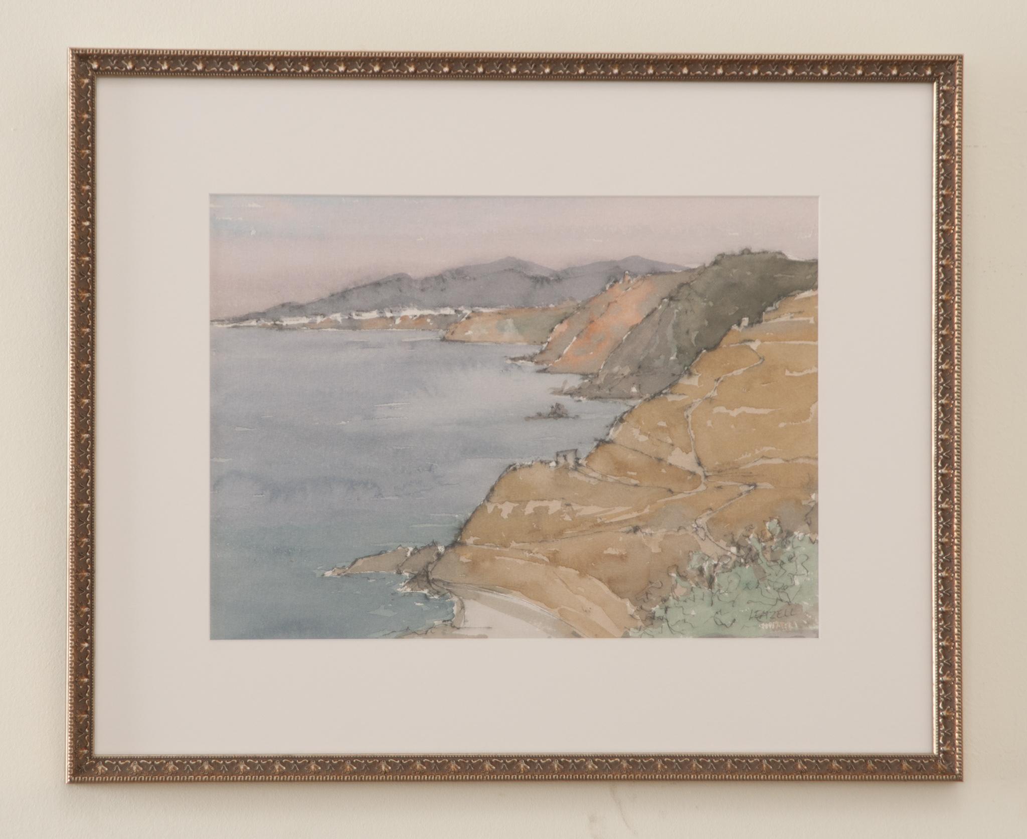 A lovely coastal landscape watercolor by painter Eric Leazell, signed by the artist. Eric “Lee” Leazell was a 20th century British artist born in 1933. He had a highly prolific career painting in oils and watercolor. His paintings are in private