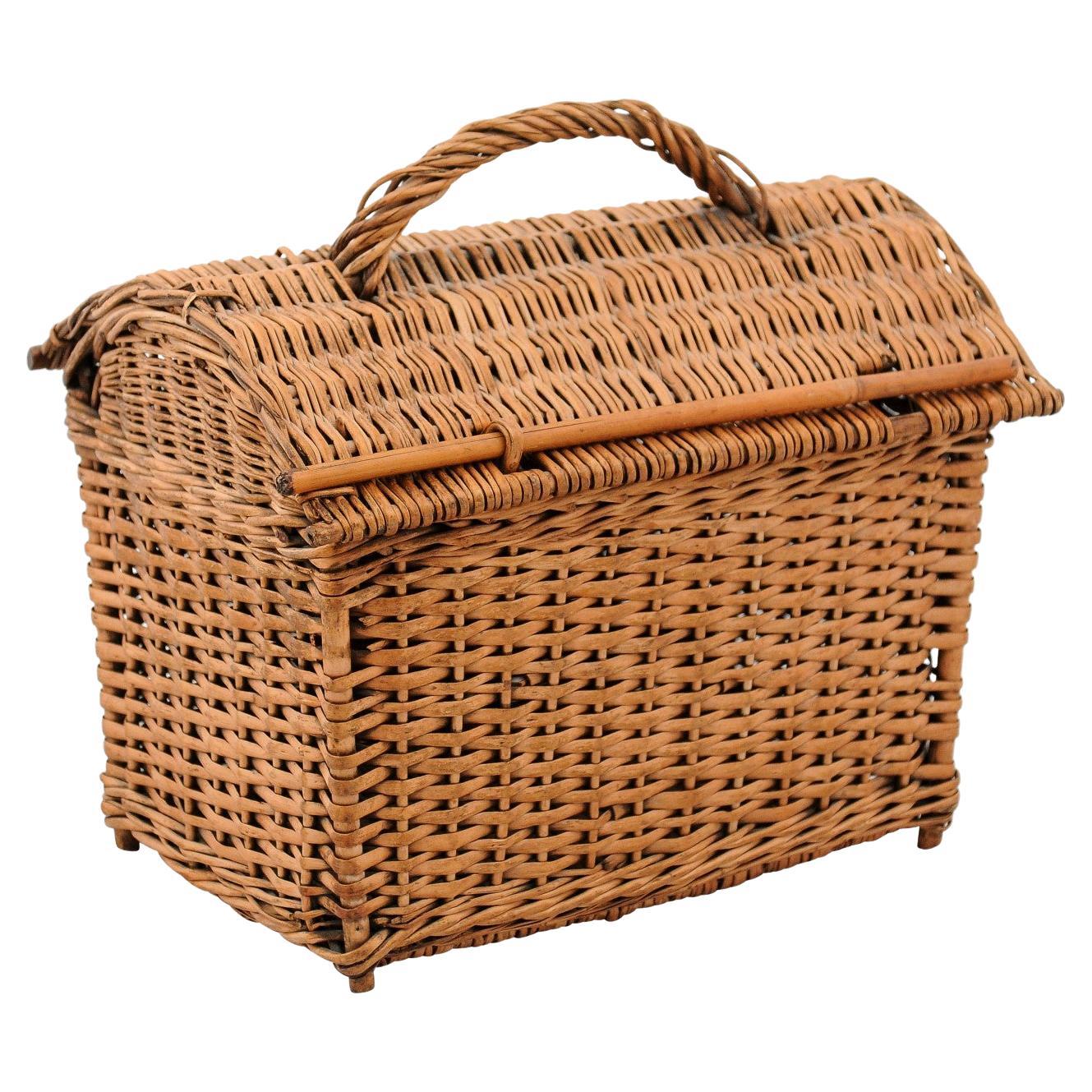 English 20th Century Wicker Basket with Arching Lift Top and Petite Rod