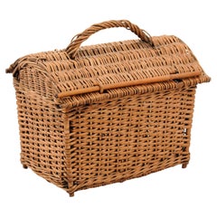 Vintage English 20th Century Wicker Basket with Arching Lift Top and Petite Rod