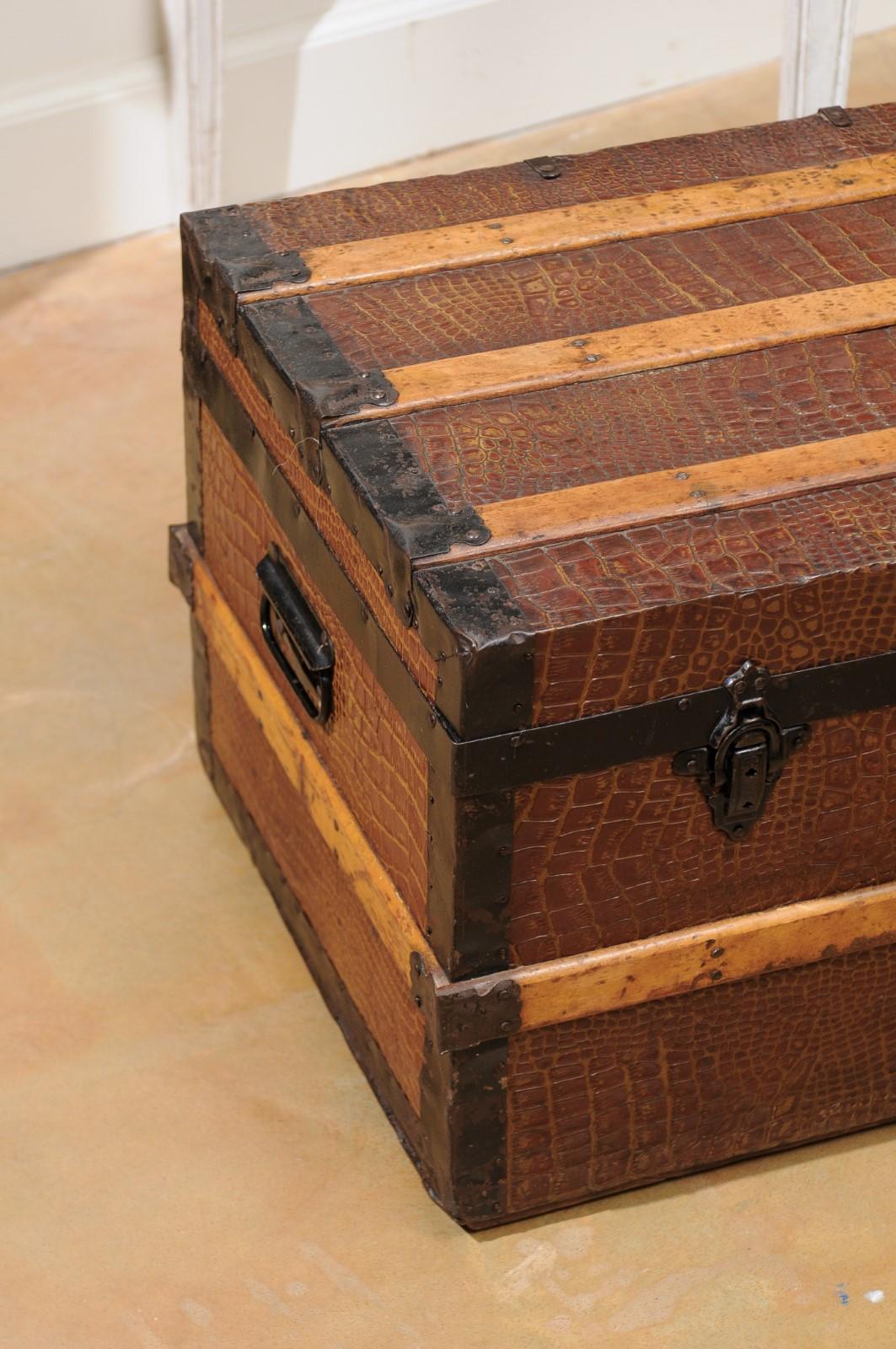 English 20th Century Wood Bound Trunk with Iron Details 1