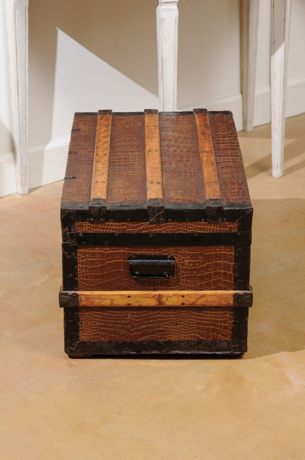 English 20th Century Wood Bound Trunk with Iron Details 4