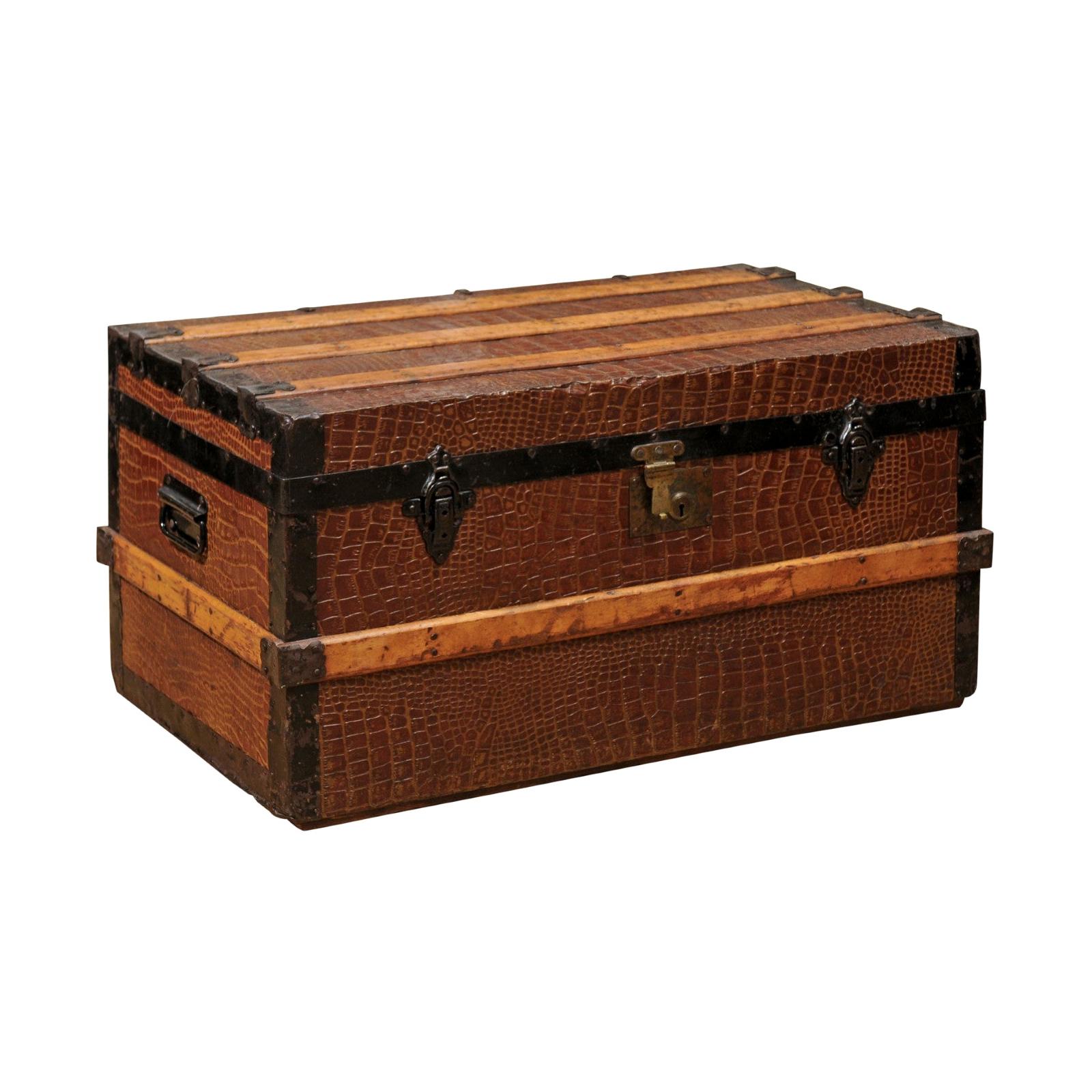 English 20th Century Wood Bound Trunk with Iron Details