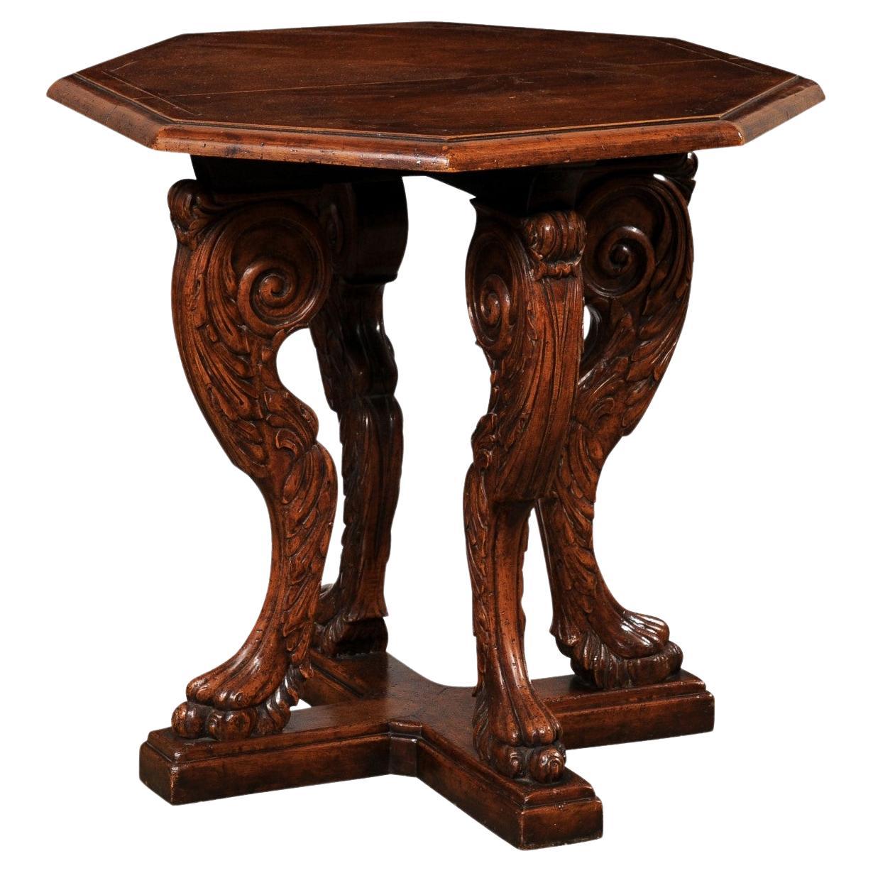 English 27" Octagonal Gueridon-Style Table Nicely Carved w/Animal Legs For Sale