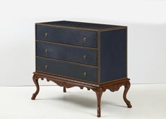 English 3 Drawer Leather Chest on Carved Walnut Stand