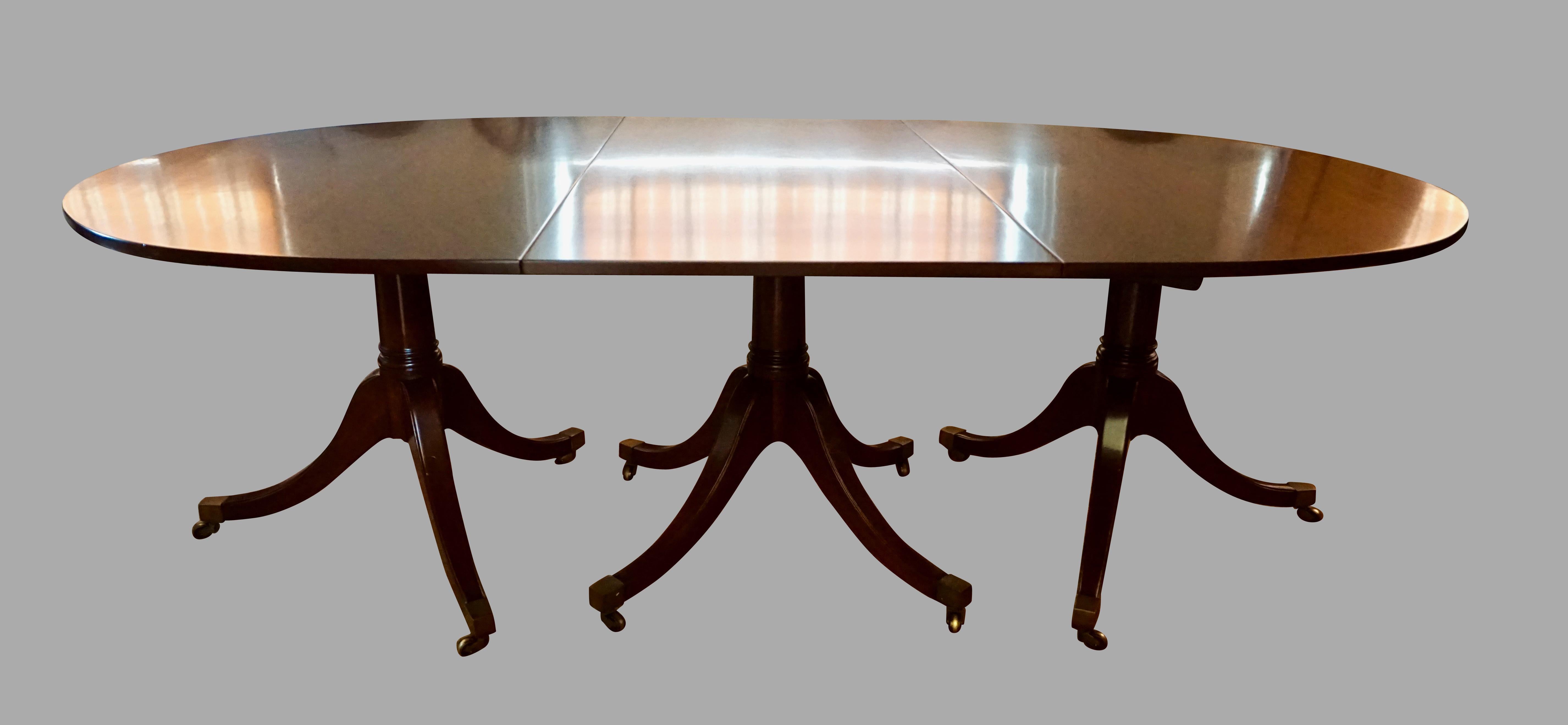 Brass English 3 Pedestal Georgian Style Dining Table with 2 Original Leaves