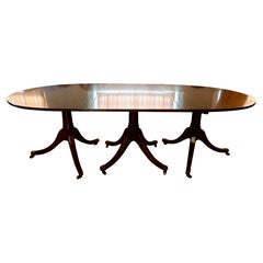 English 3 Pedestal Georgian Style Dining Table with 2 Original Leaves