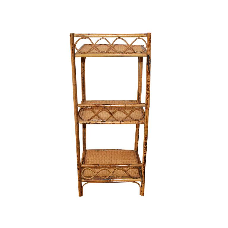 American English 3 Tier Burnt Bamboo Chinoiserie Shelf or Nightstand with Woven Cane Top