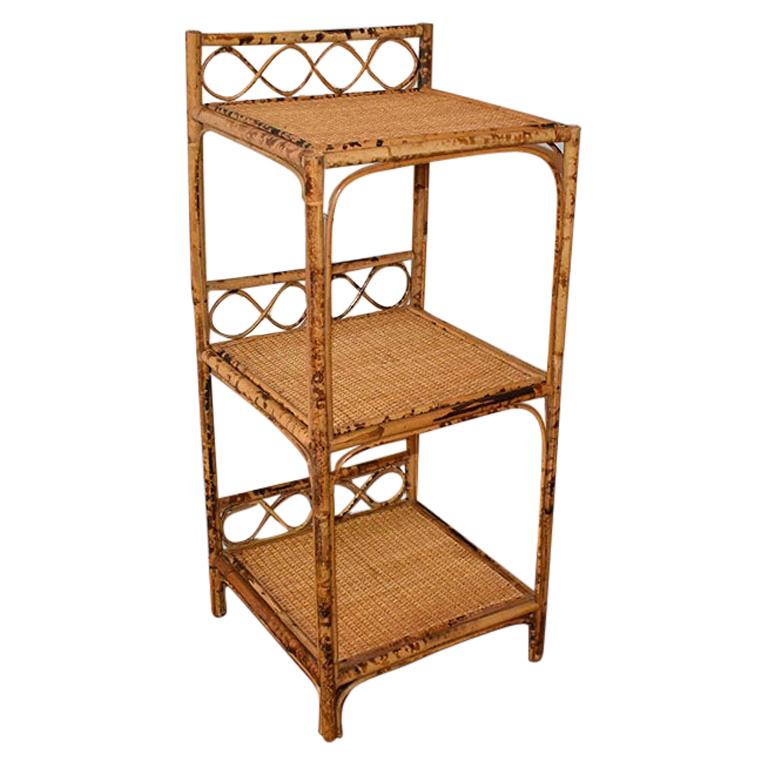 English 3 Tier Burnt Bamboo Chinoiserie Shelf or Nightstand with Woven Cane Top
