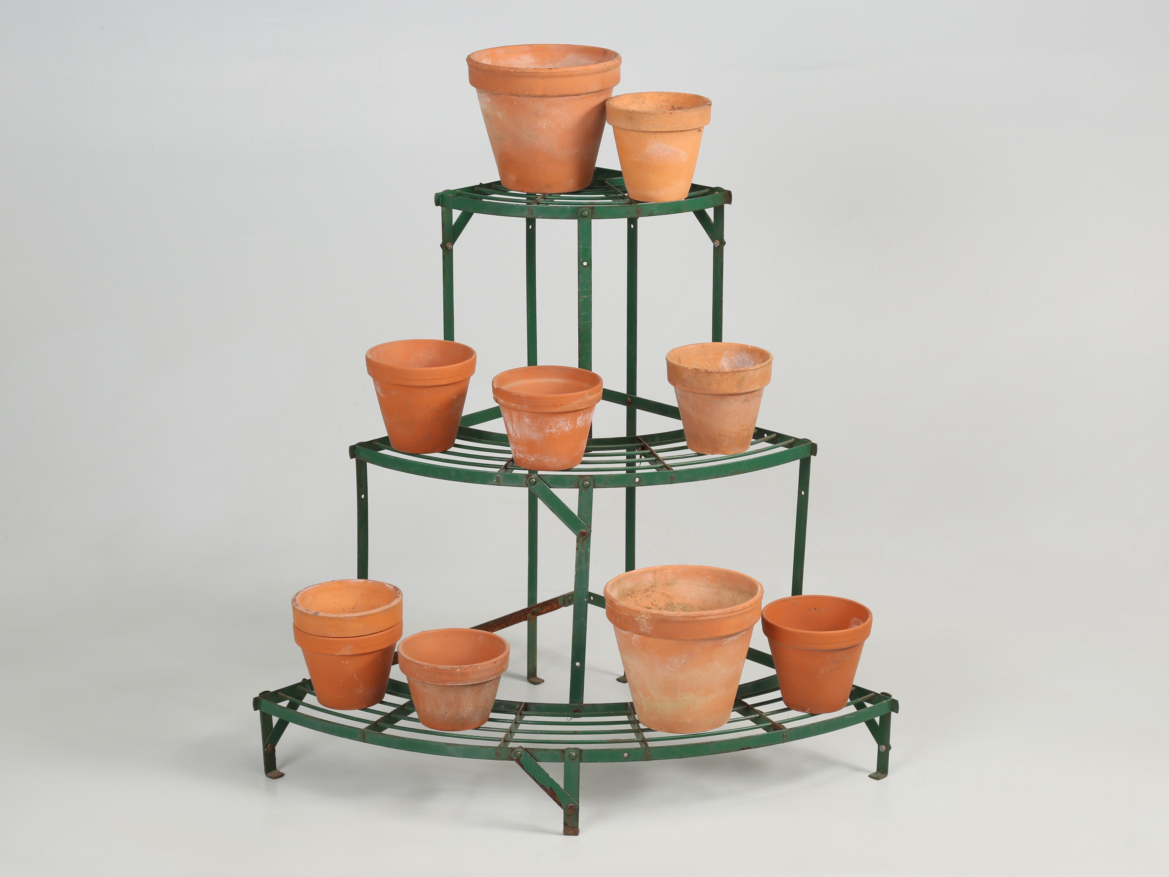 Vintage English 3-tier demilune design plant stand from County Staffordshire UK, suitable for indoor or outdoor applications.