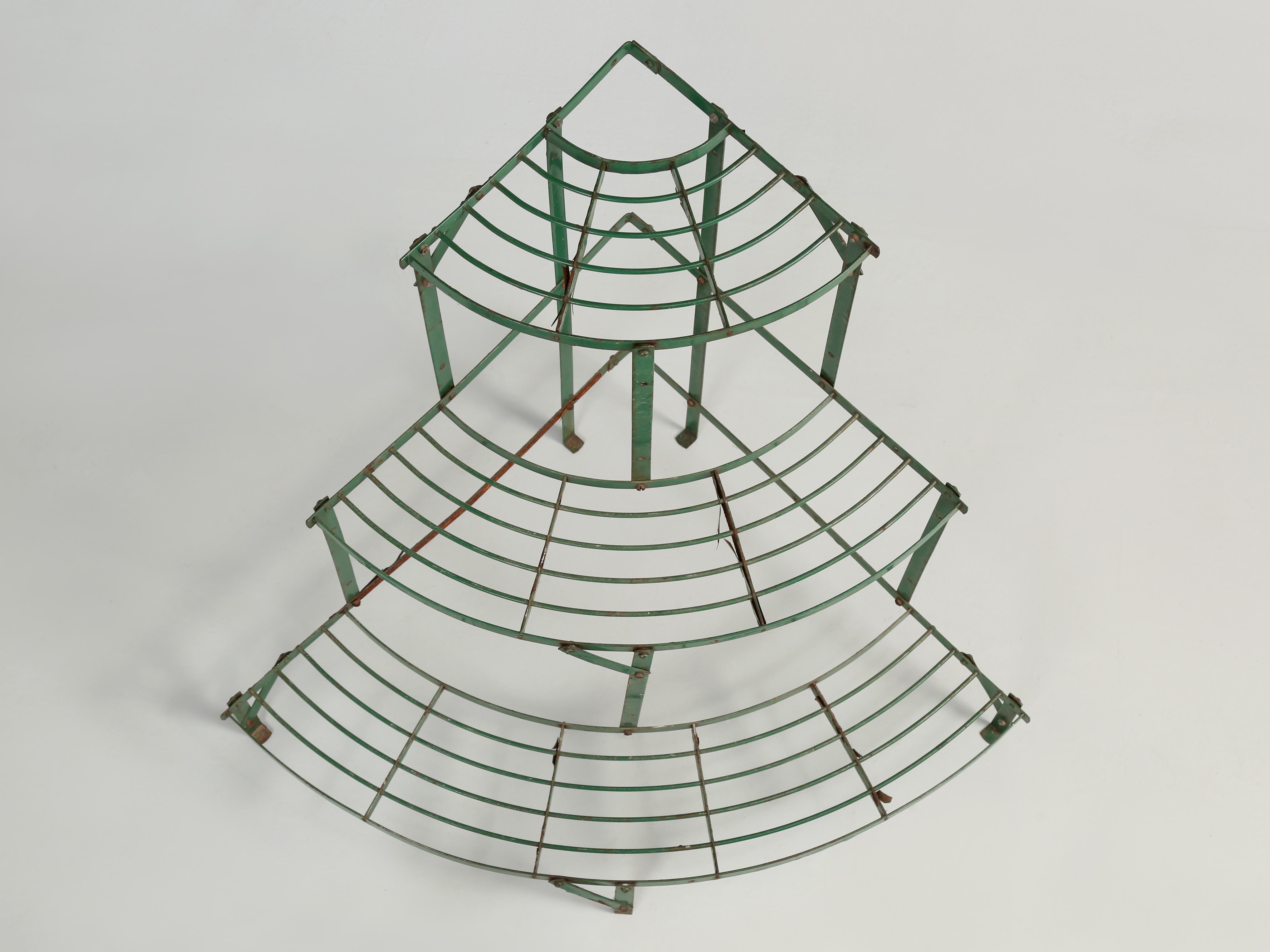Hand-Crafted English 3-Tier Demilune Plant Stand in Old Green Paint from Staffordshire, UK