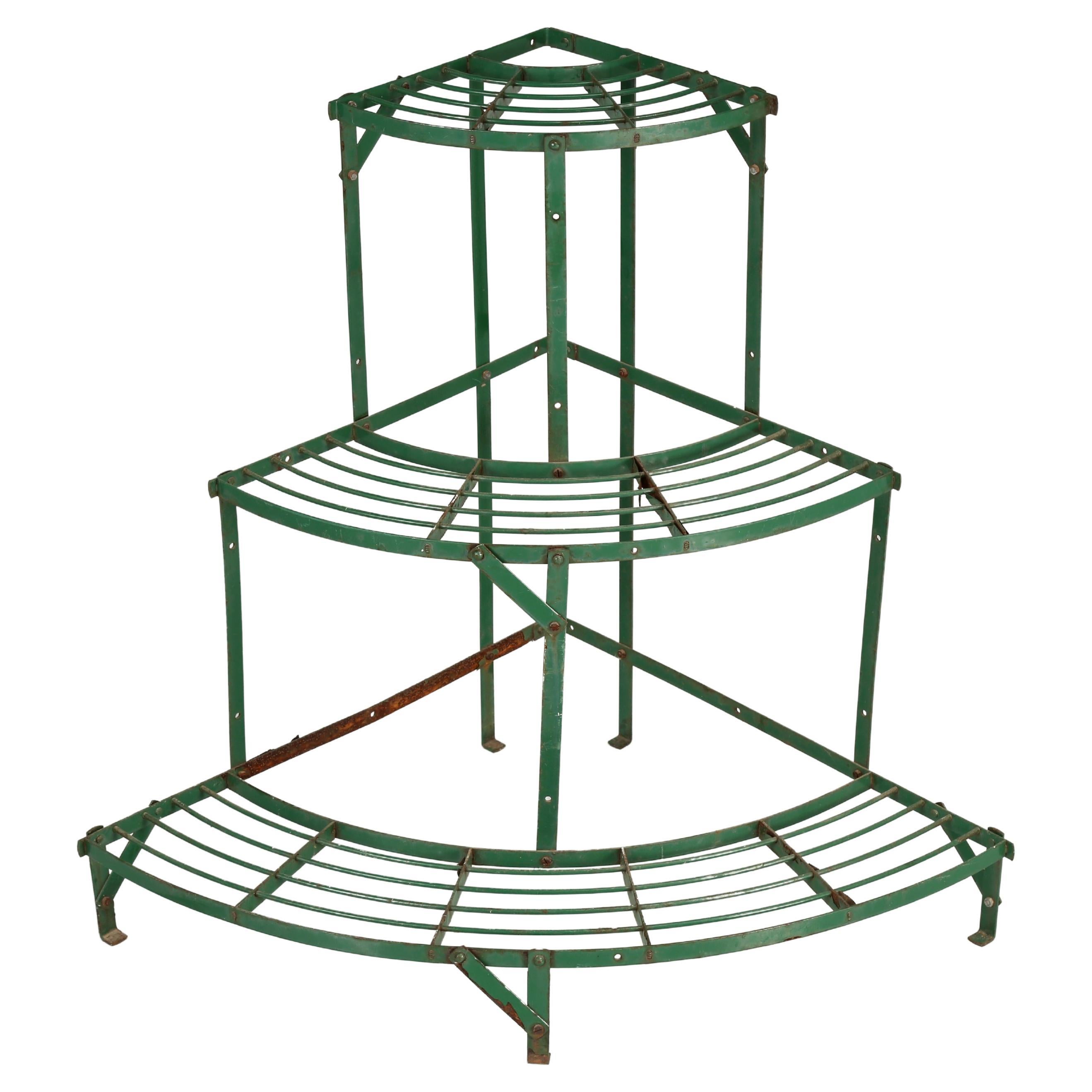 English 3-Tier Demilune Plant Stand in Old Green Paint from Staffordshire, UK