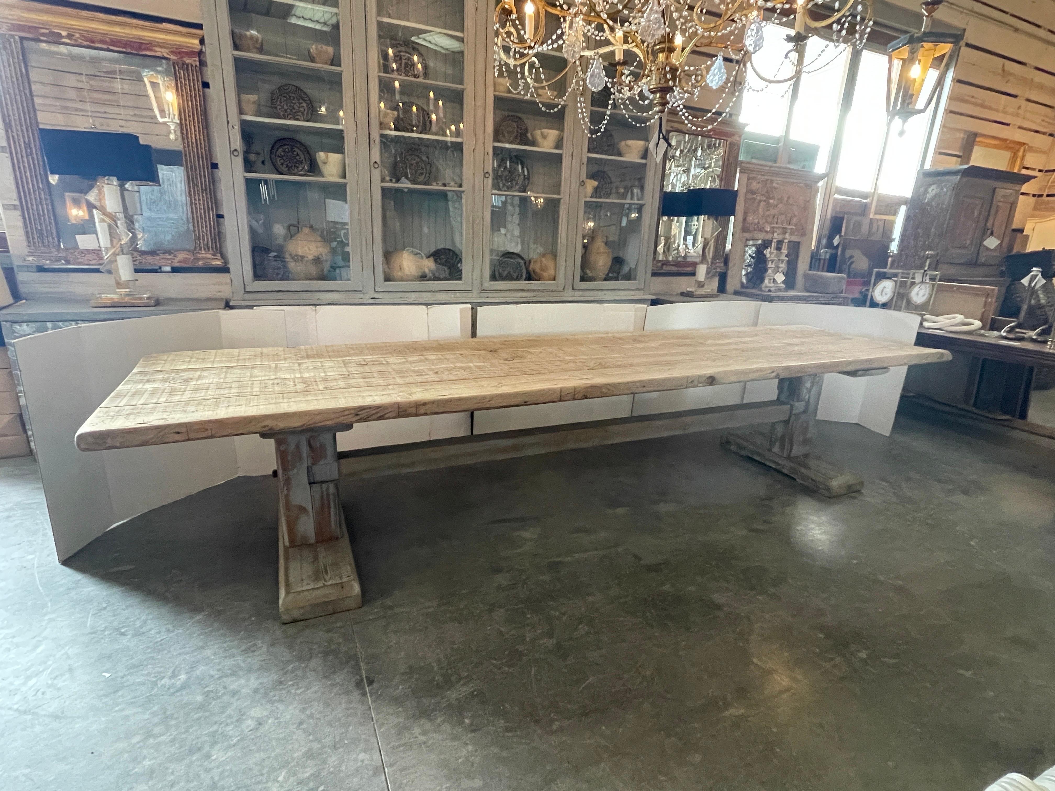 English 300 Year Old Pine Newly Repurposed 13 Foot Trestle Style Dining Table In Good Condition In Houston, TX