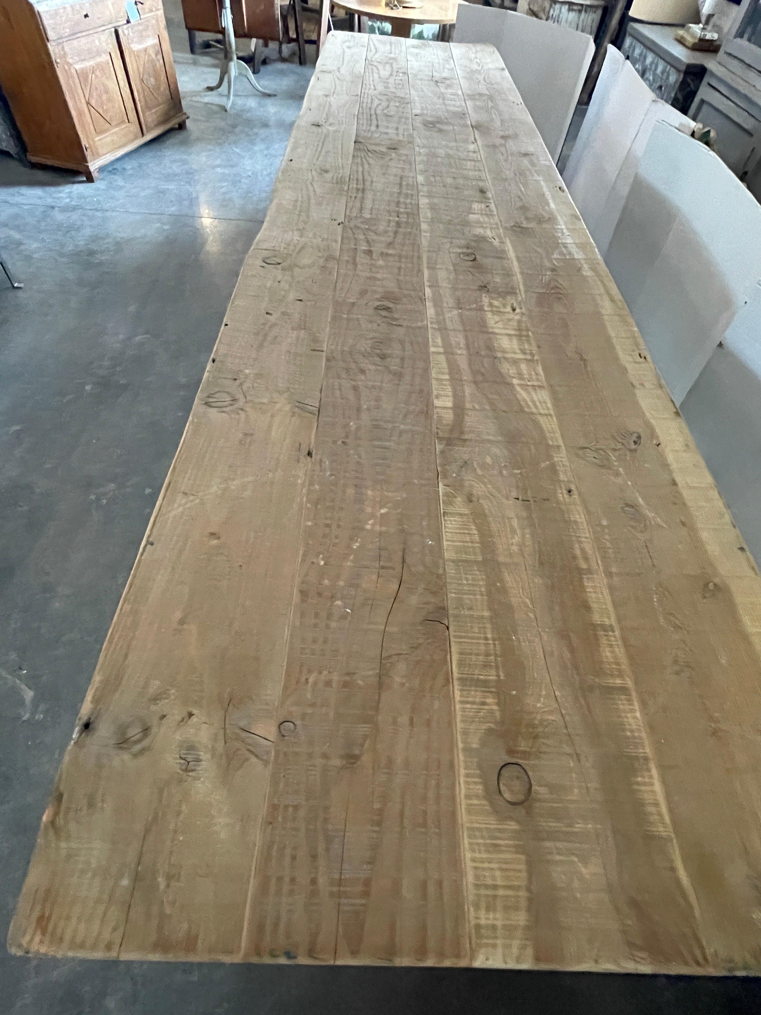 Contemporary English 300 Year Old Pine Newly Repurposed 13 Foot Trestle Style Dining Table